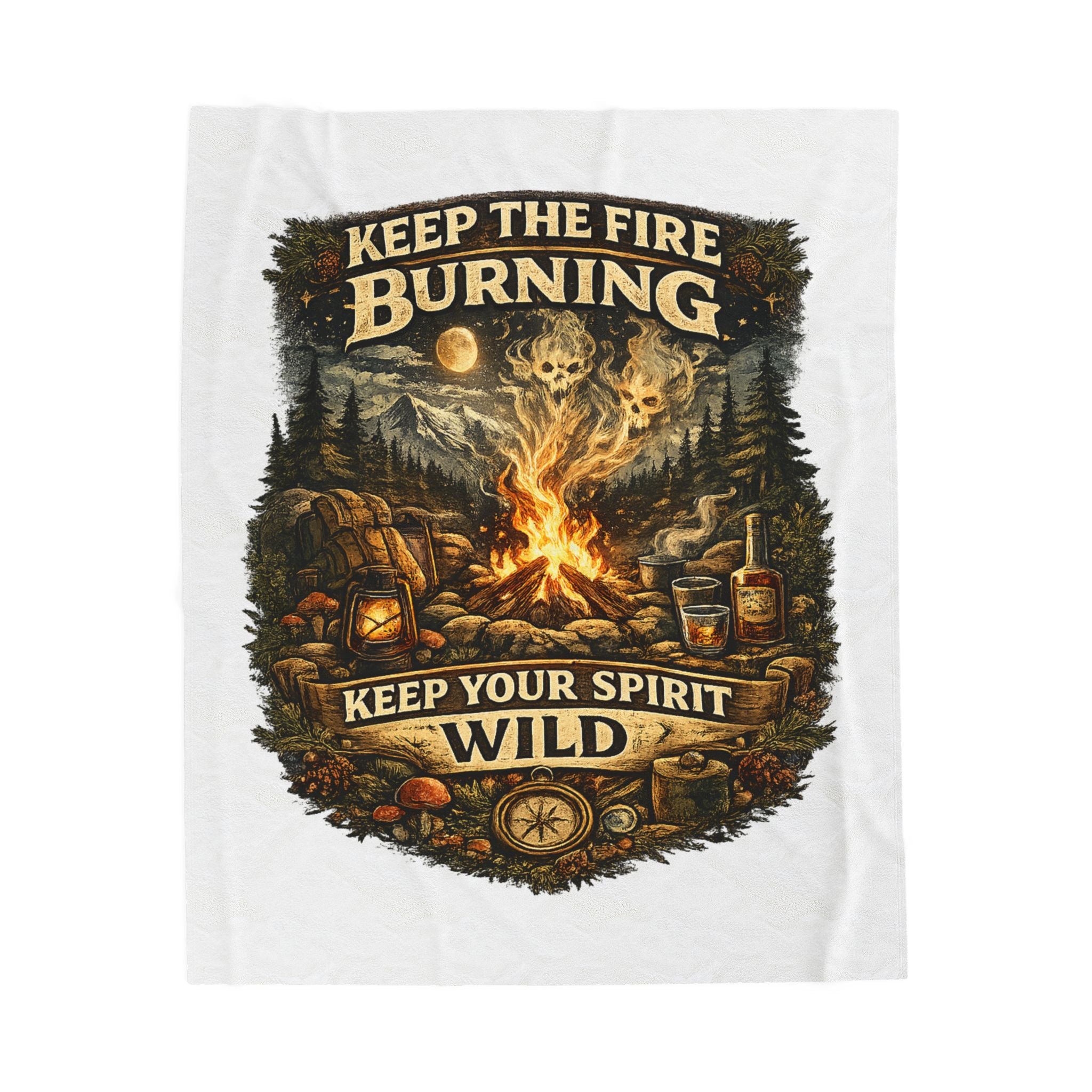 Camping Velveteen Plush Blanket — "Keep the Fire Burning, Keep Your Spirit Wild" Cozy Outdoor Throw