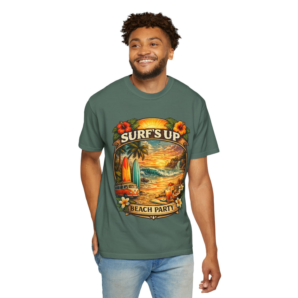 Surf's Up Beach Party T-Shirt — Vintage Sunset Surfboard Graphic