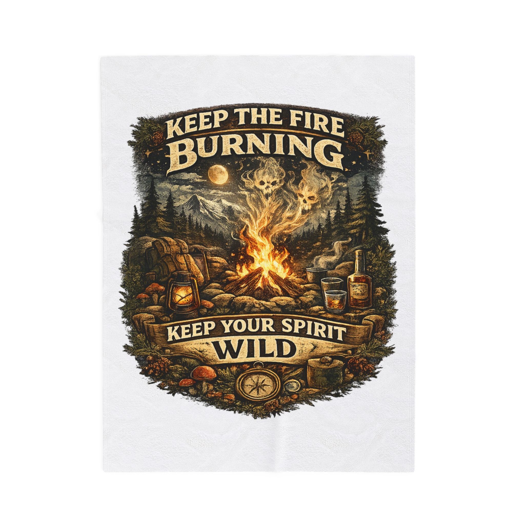 Camping Velveteen Plush Blanket — "Keep the Fire Burning, Keep Your Spirit Wild" Cozy Outdoor Throw