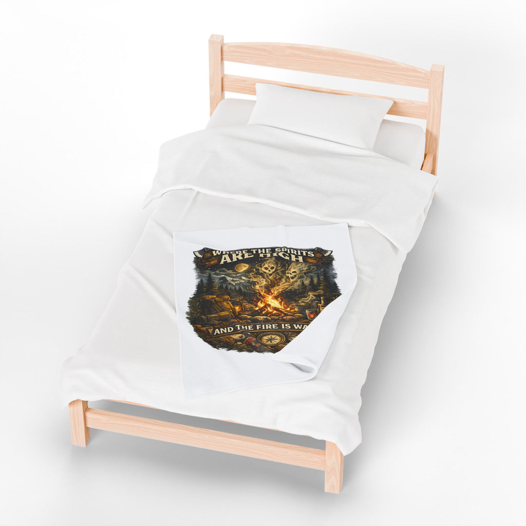 Velveteen Plush Blanket — "Where the Spirits Are High and the Fire Is Warm" Campfire Graphic Throw
