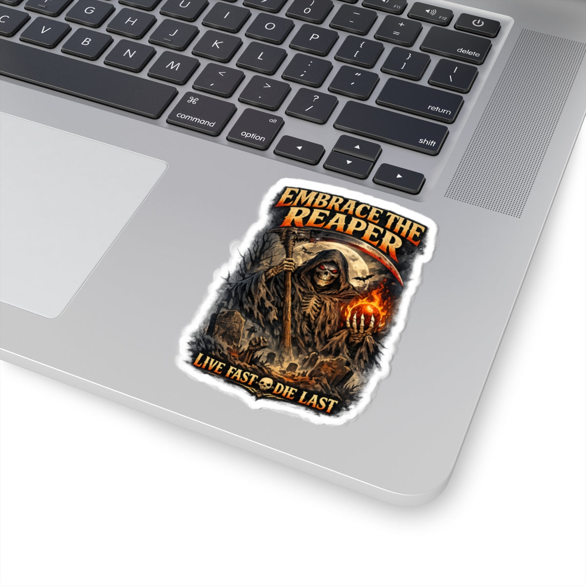 Embrace the Reaper Kiss-Cut Sticker — Grim Reaper "Live Fast Die Last"