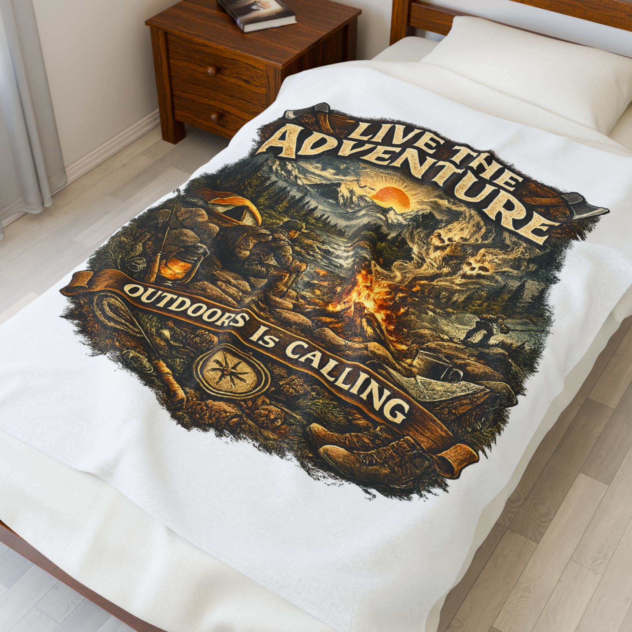 Live the Adventure Velveteen Plush Blanket — ‘Outdoors Is Calling’ Camping Throw