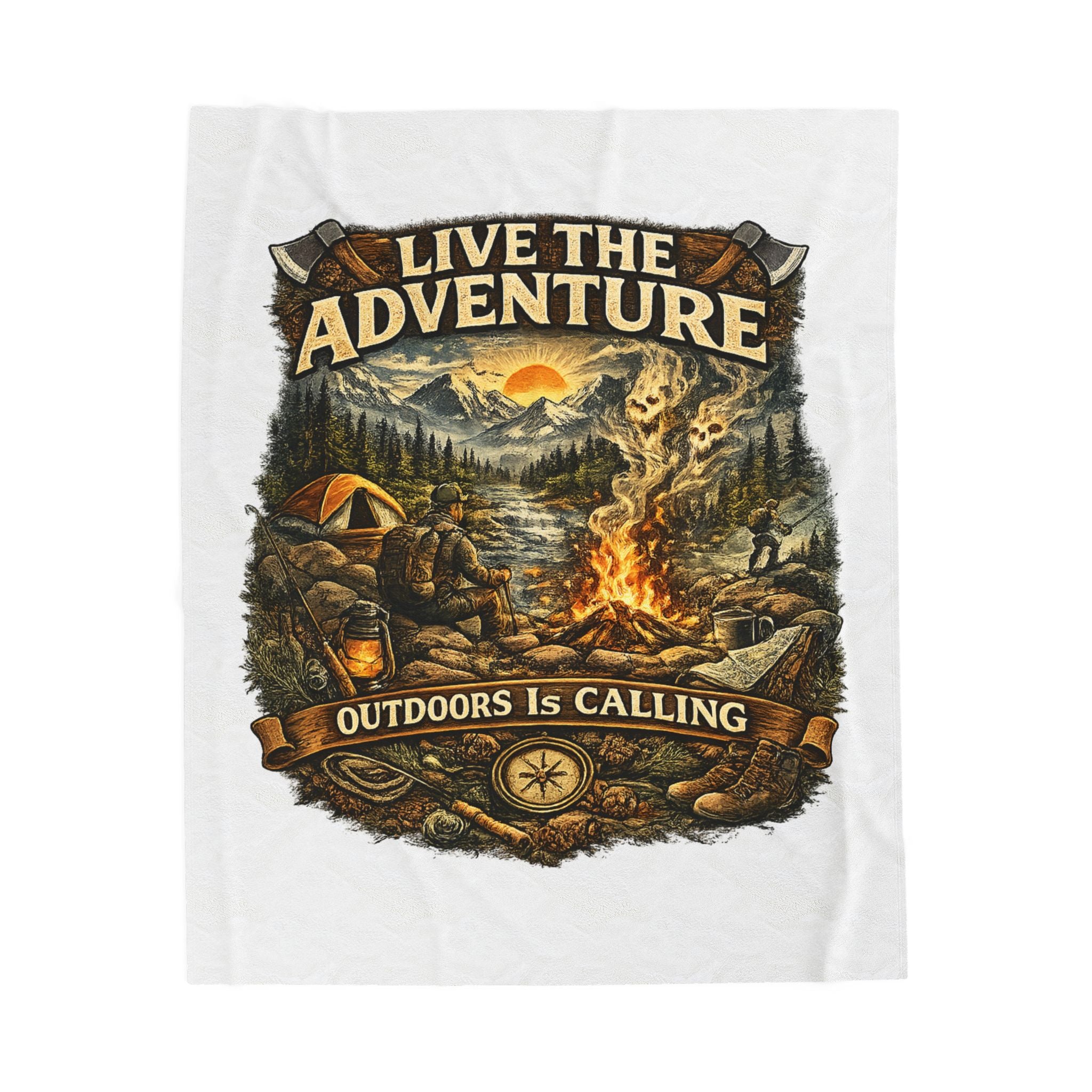 Live the Adventure Velveteen Plush Blanket — ‘Outdoors Is Calling’ Camping Throw