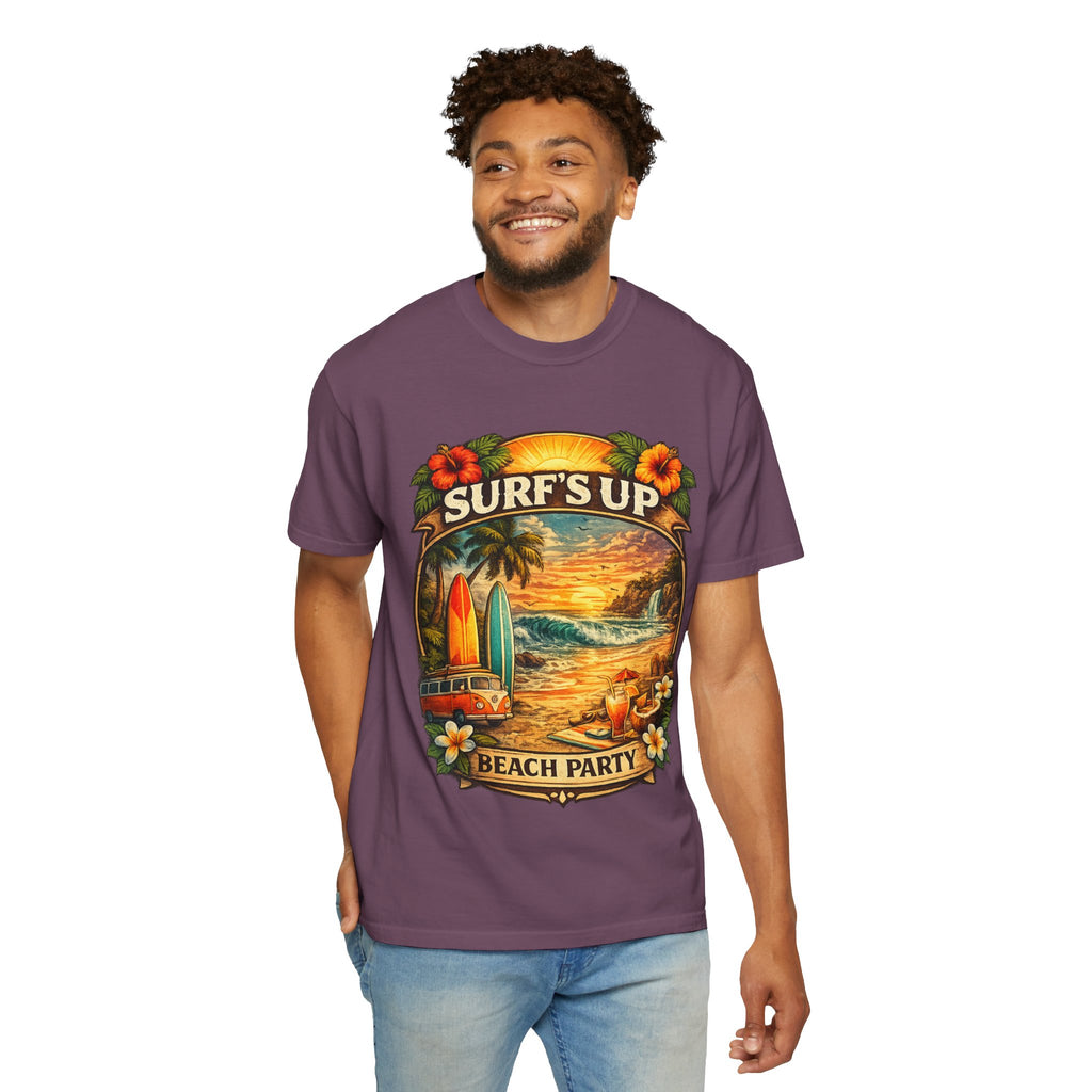 Surf's Up Beach Party T-Shirt — Vintage Sunset Surfboard Graphic