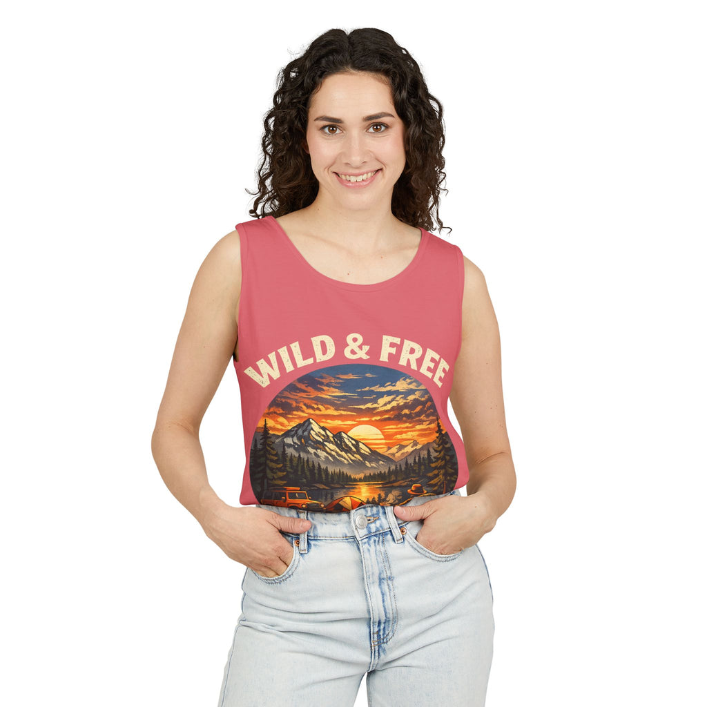 Tank Top — "Wild & Free" Sunset Mountain Camping Graphic