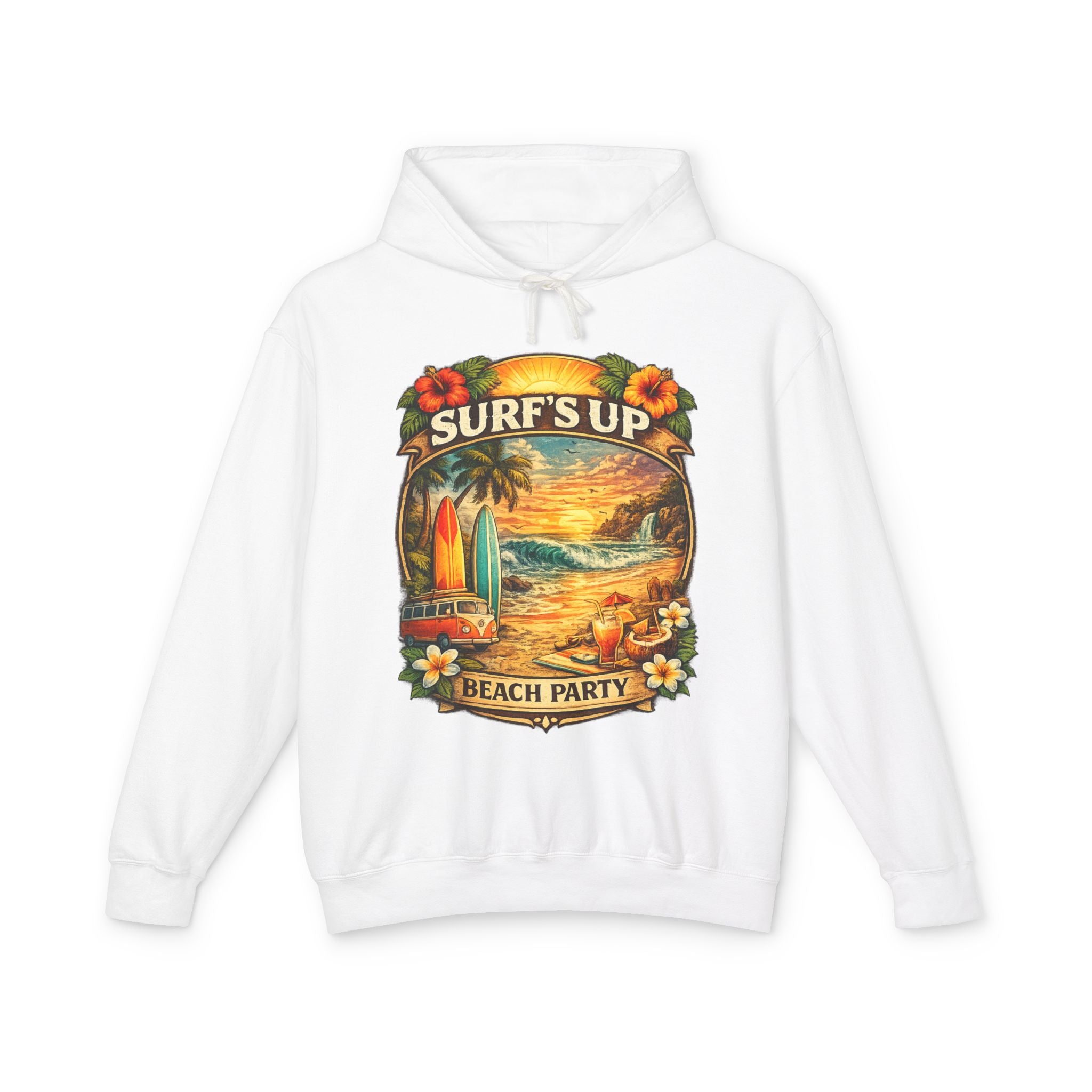 Surf's Up Beach Party Hoodie — Vintage Sunset Surfboard Pullover