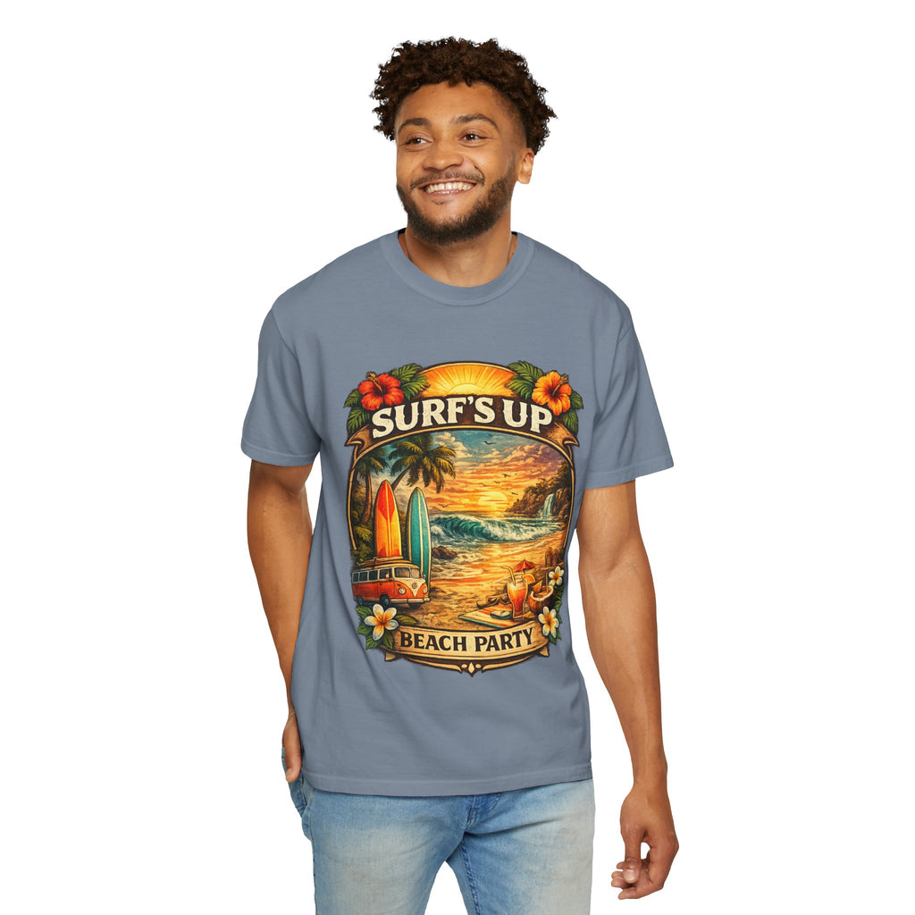 Surf's Up Beach Party T-Shirt — Vintage Sunset Surfboard Graphic