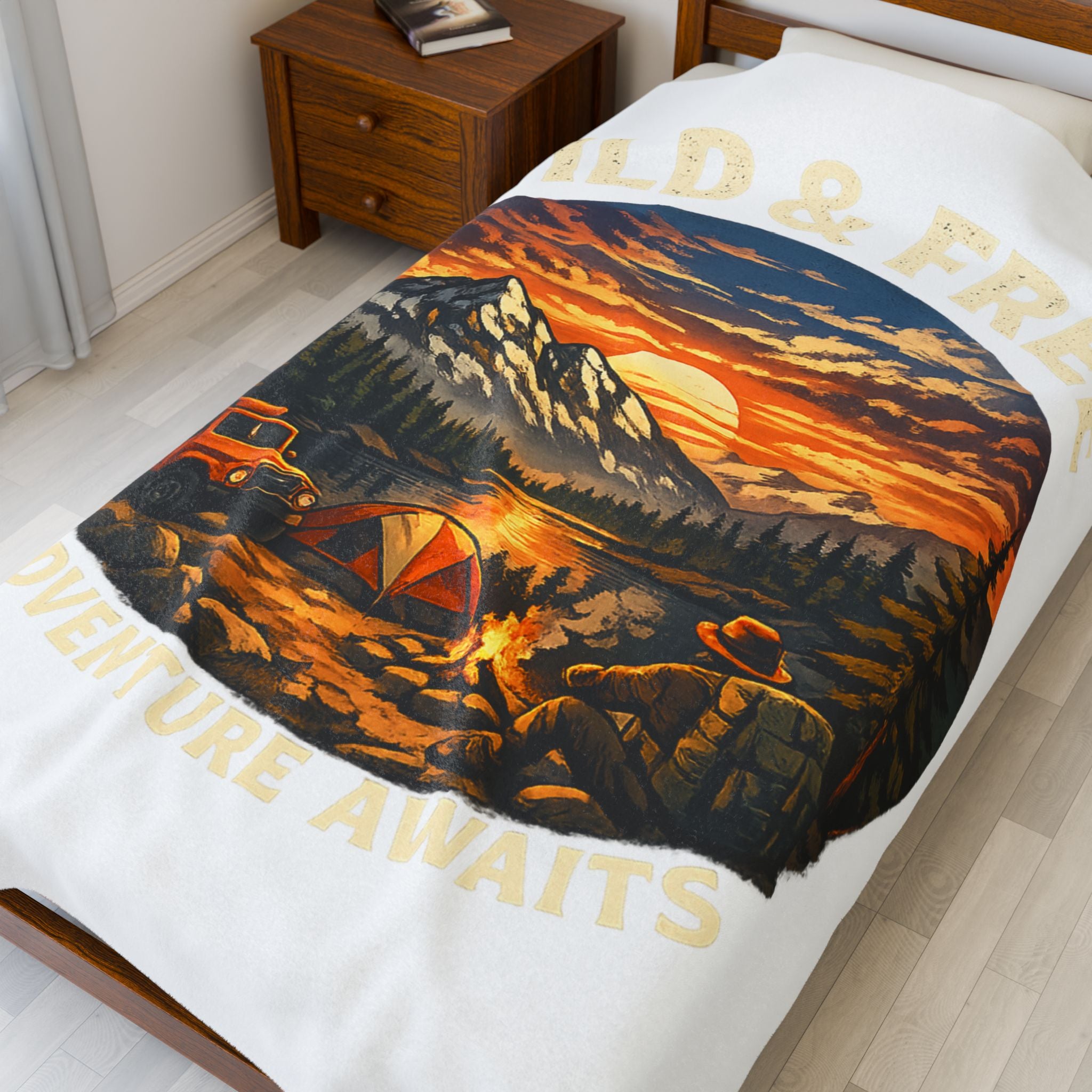 Wild & Free Camping Blanket — Adventure Mountains Velveteen Plush Throw