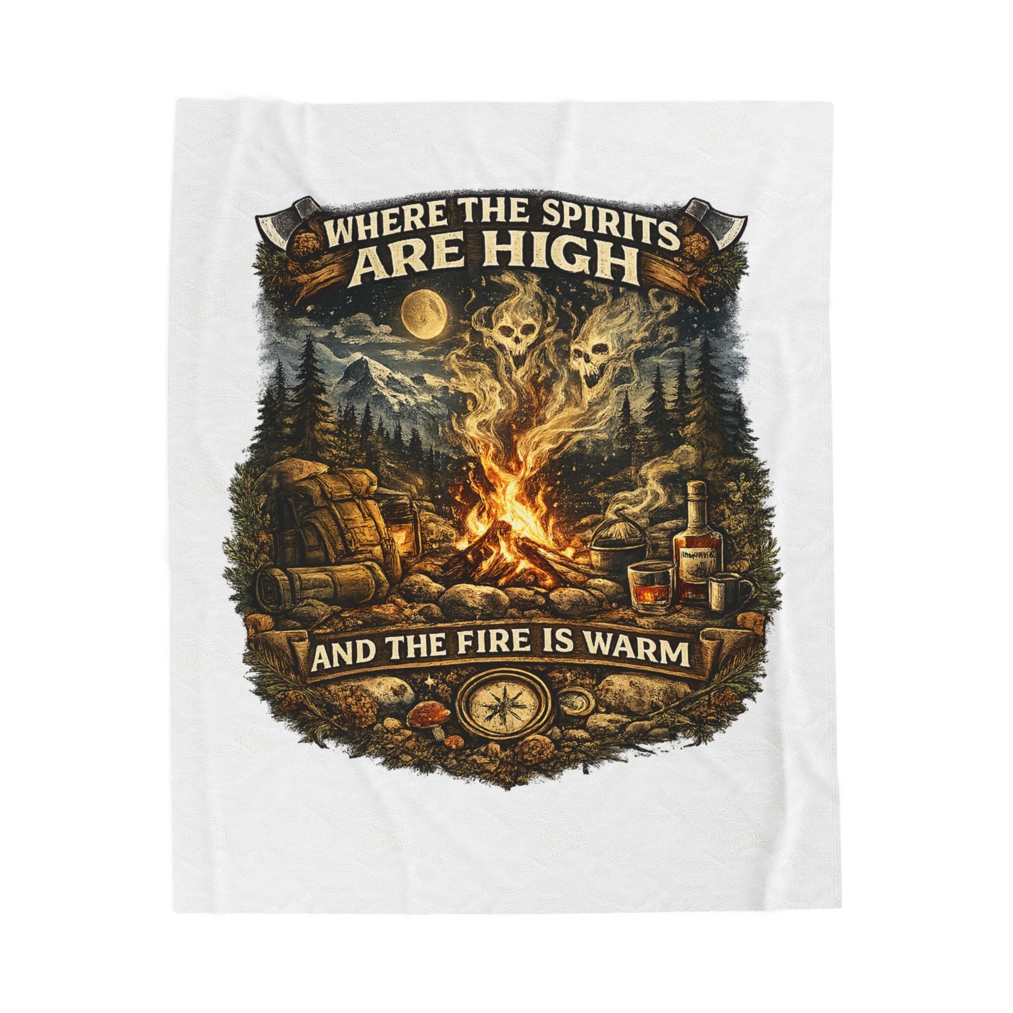 Velveteen Plush Blanket — "Where the Spirits Are High and the Fire Is Warm" Campfire Graphic Throw