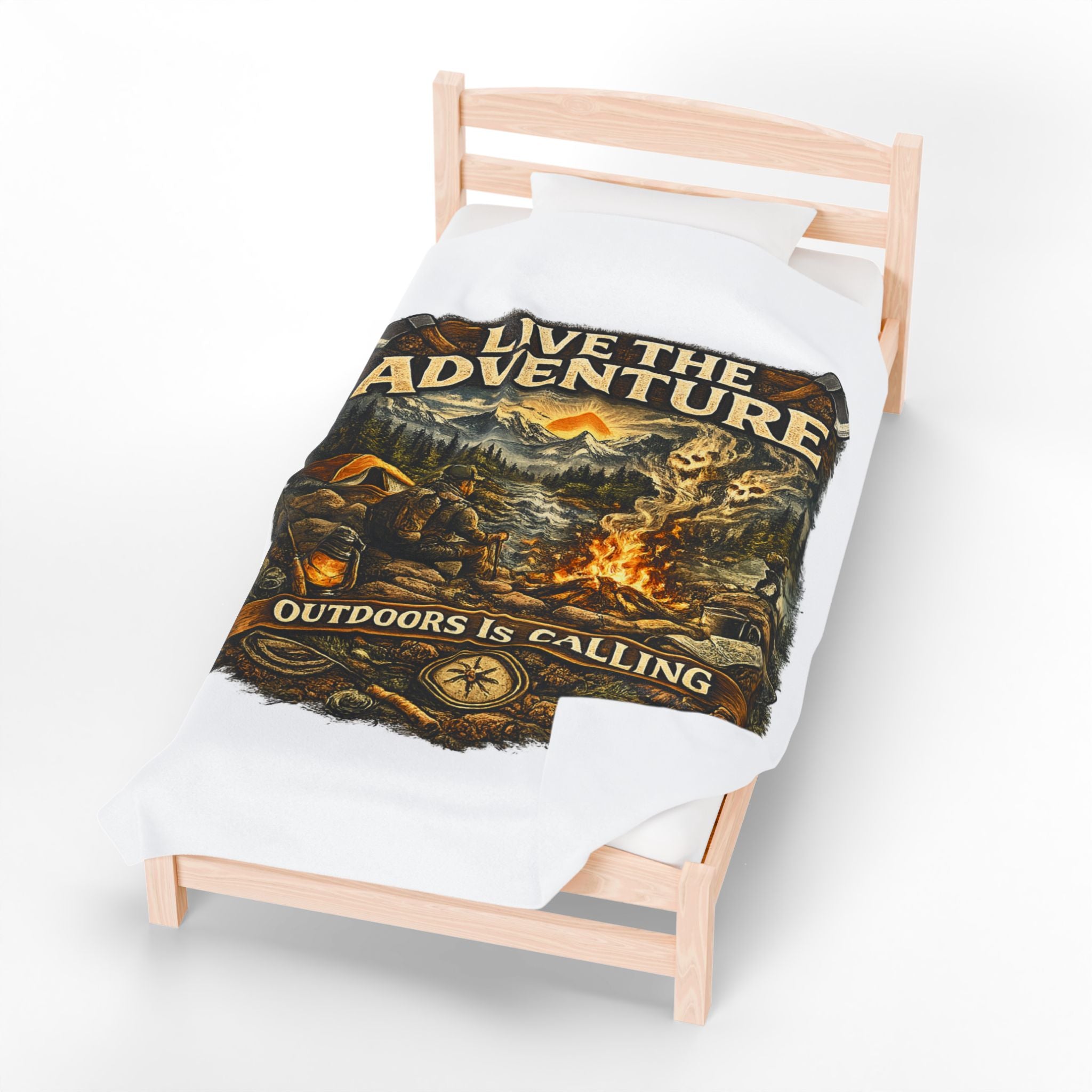 Velveteen Plush Blanket — "Live the Adventure: Outdoors Is Calling" Camping Throw