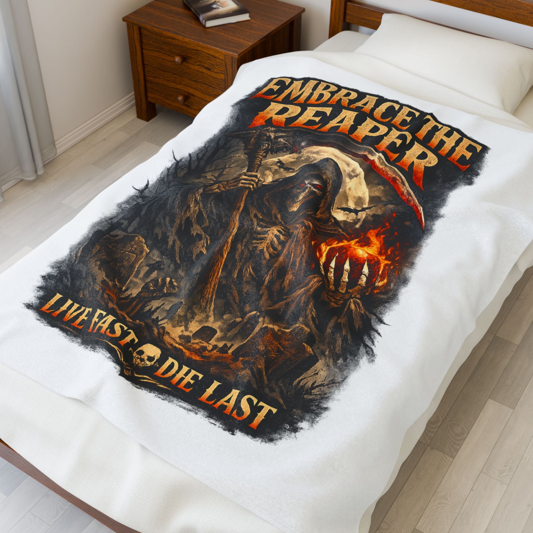 Embrace The Reaper Velveteen Plush Blanket — 'Live Fast, Die Last' Gothic Skull Throw