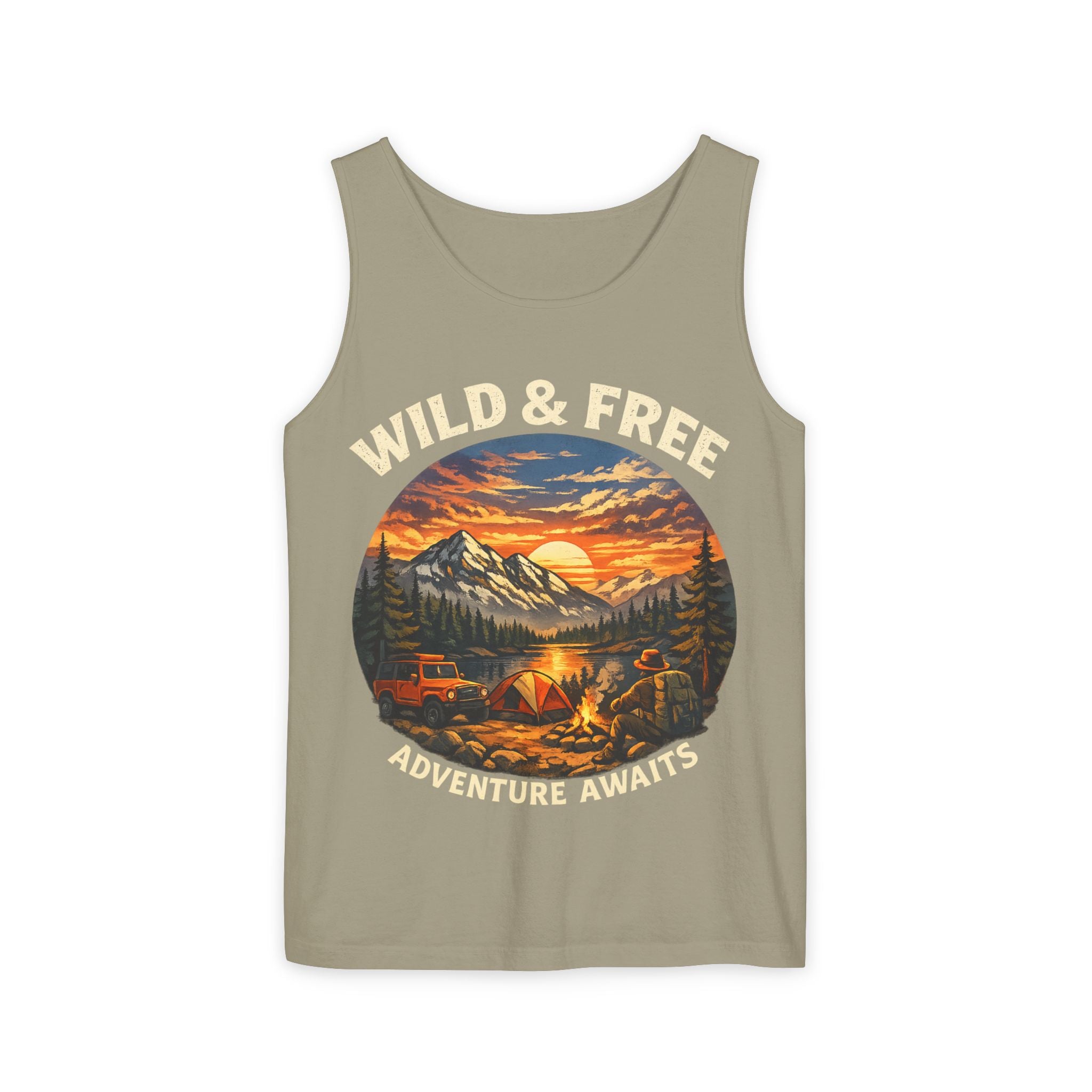 Tank Top — "Wild & Free" Sunset Mountain Camping Graphic