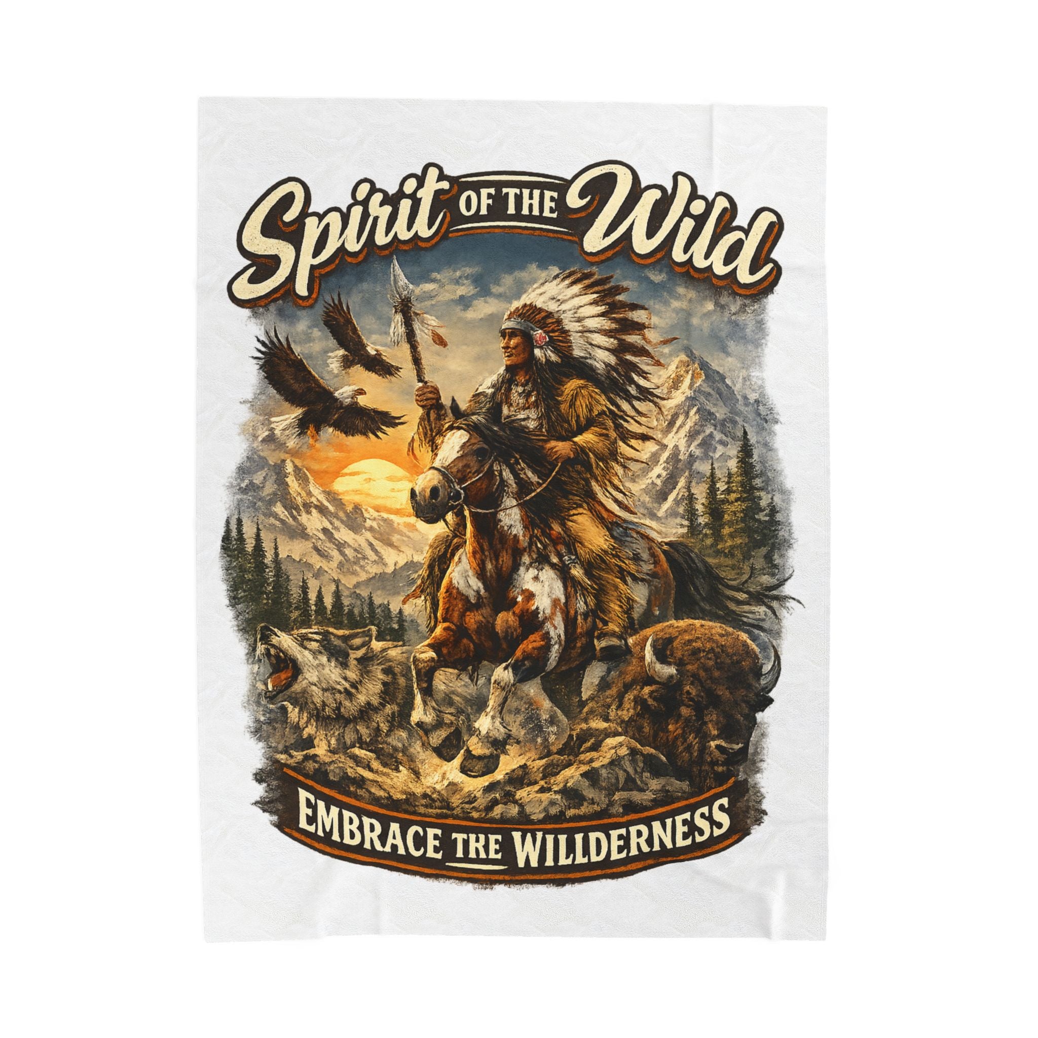 Spirit of the Wild Velveteen Plush Blanket — Embrace the Wilderness Native American Design