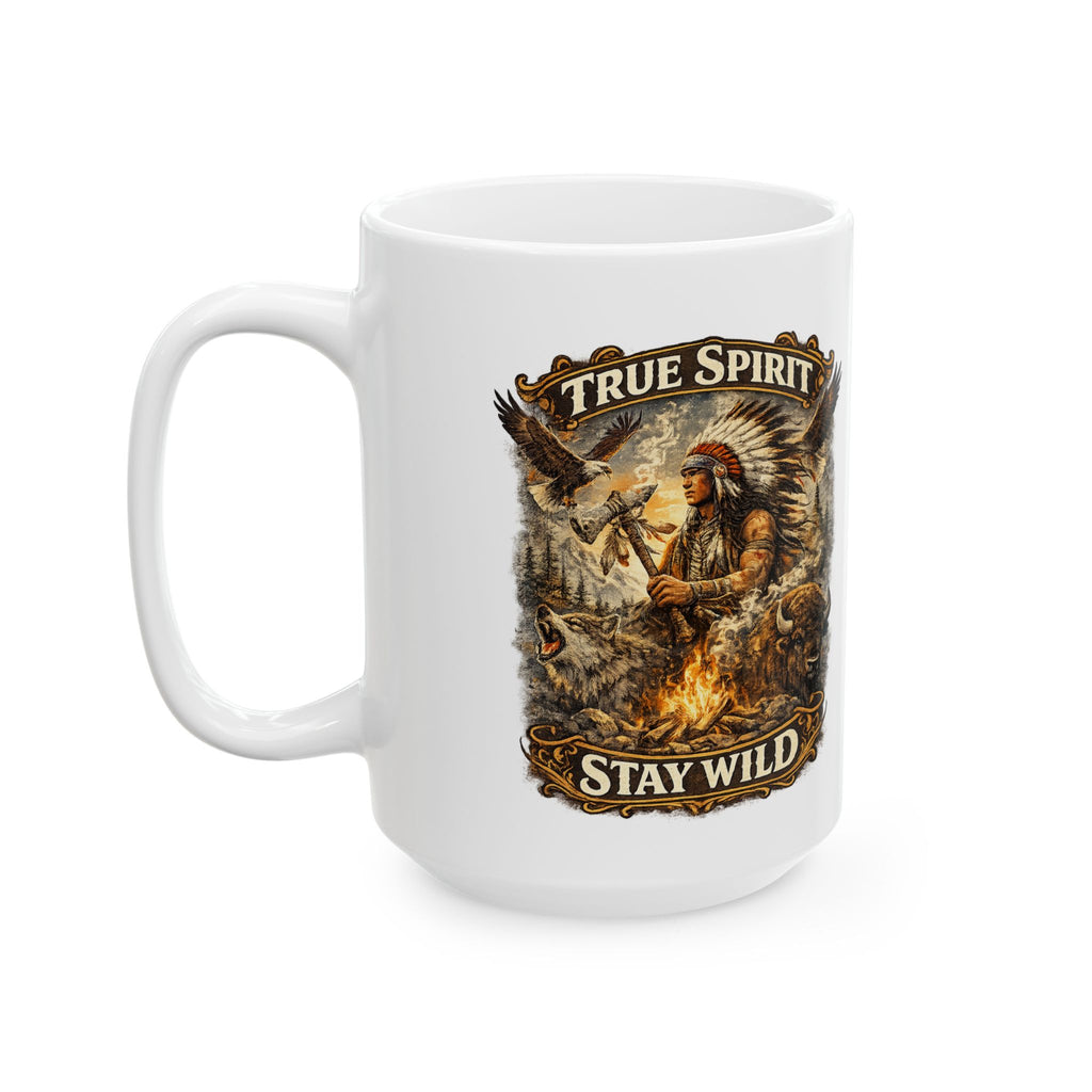 Ceramic Mug — 'True Spirit Stays Wild' Eagle & Wolf Rustic Nature Coffee Mug (11oz/15oz)