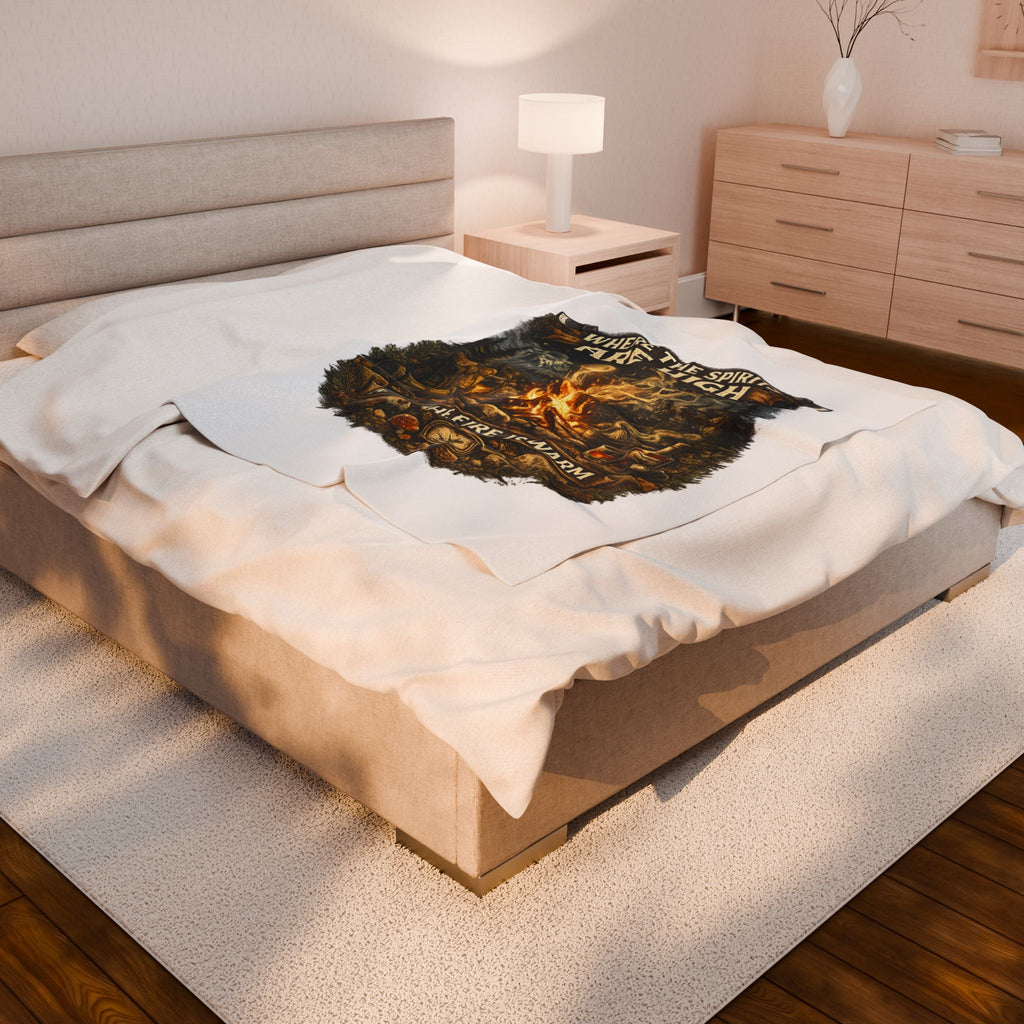 Velveteen Plush Blanket — "Where the Spirits Are High and the Fire Is Warm" Campfire Graphic Throw