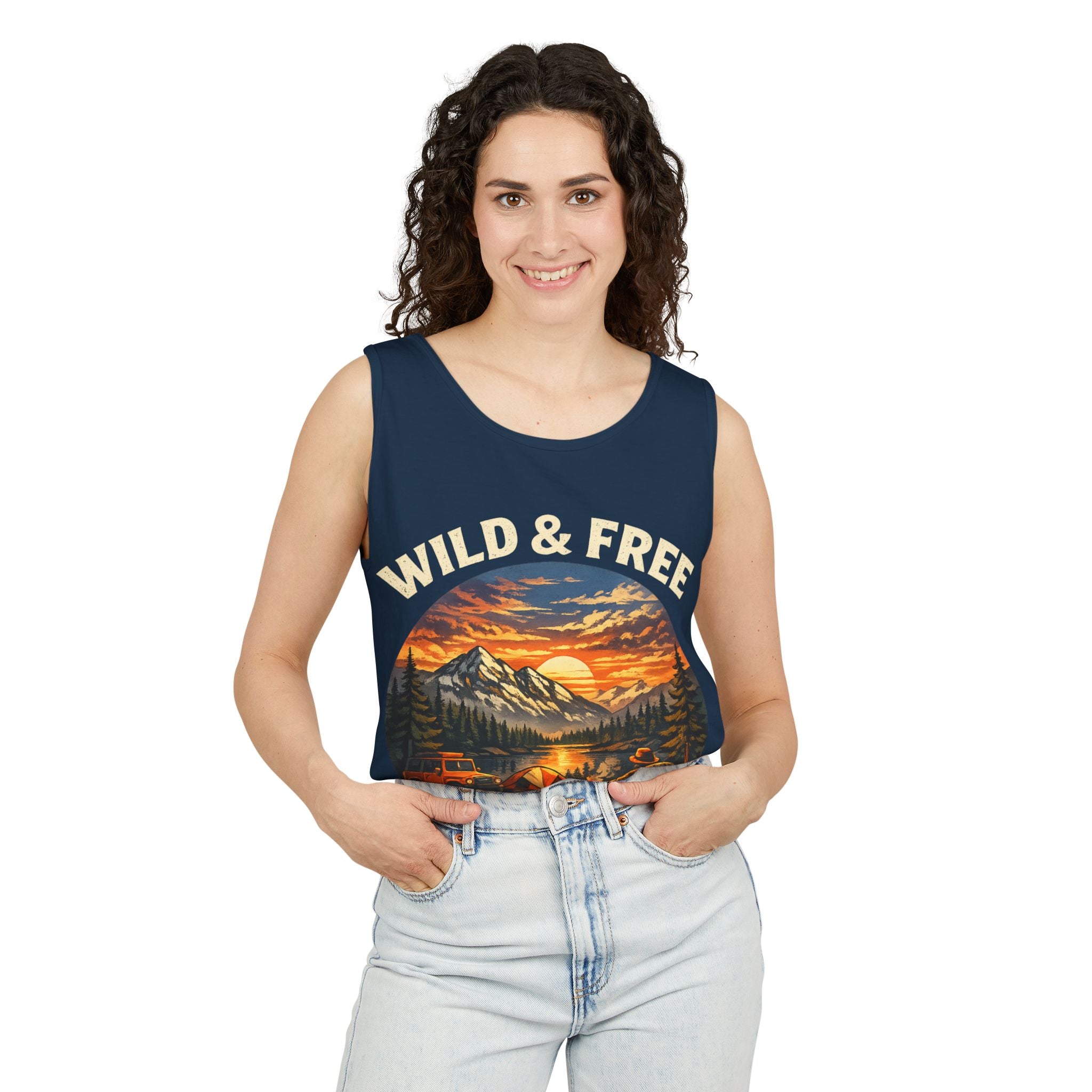 Tank Top — "Wild & Free" Sunset Mountain Camping Graphic