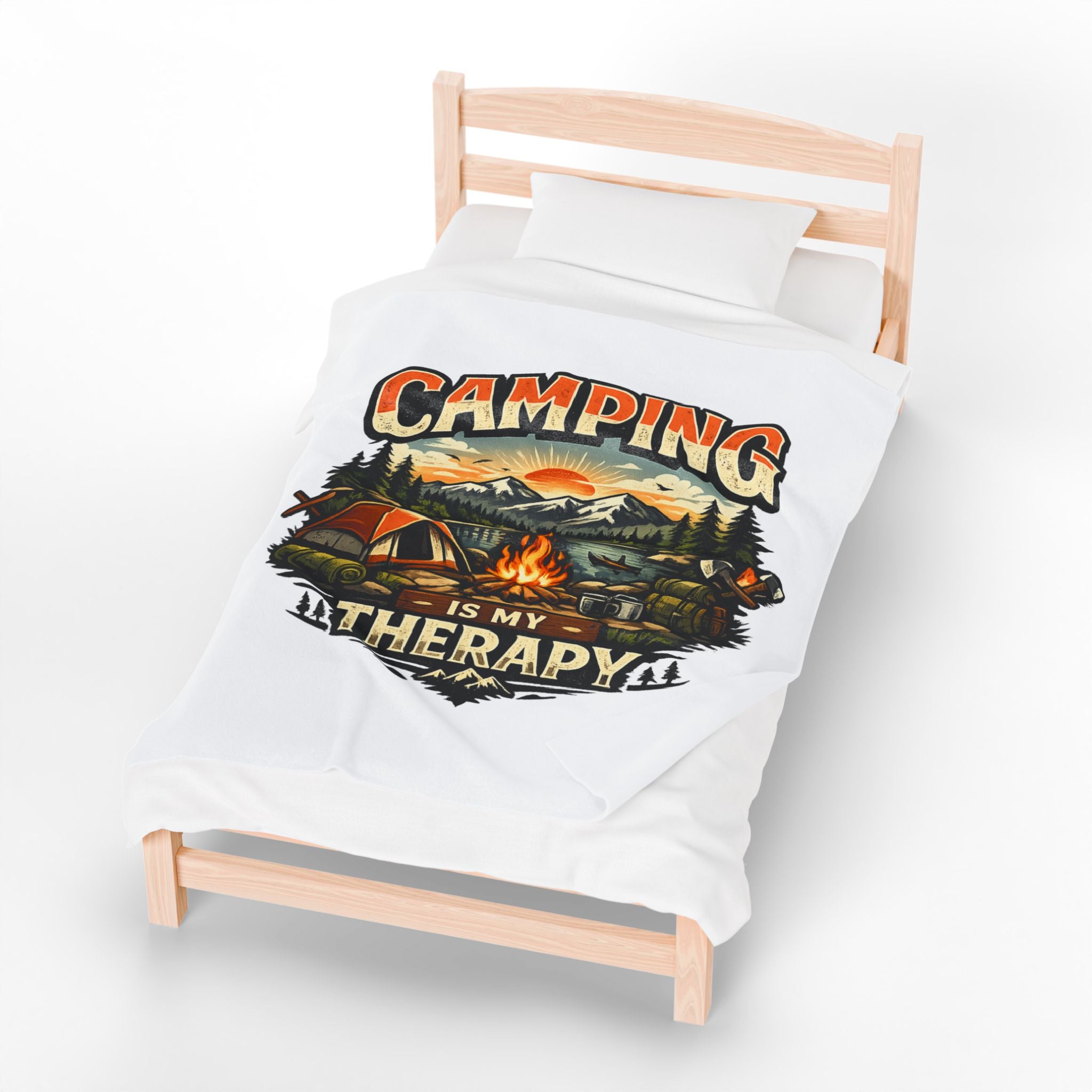 Velveteen Plush Blanket — "Camping Is My Therapy" Cozy Outdoor Camping Throw