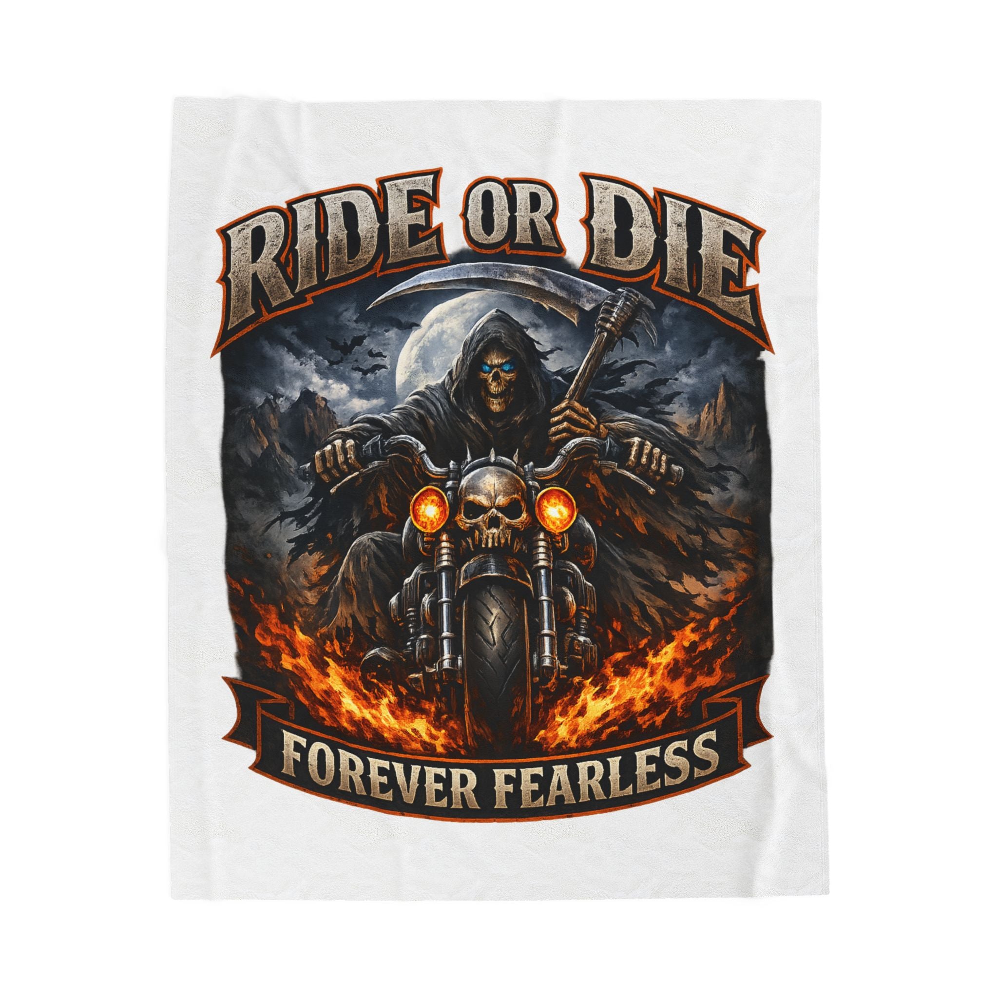 Ride or Die "Forever Fearless" Velveteen Plush Blanket — Biker Grim Reaper Motorcycle Throw