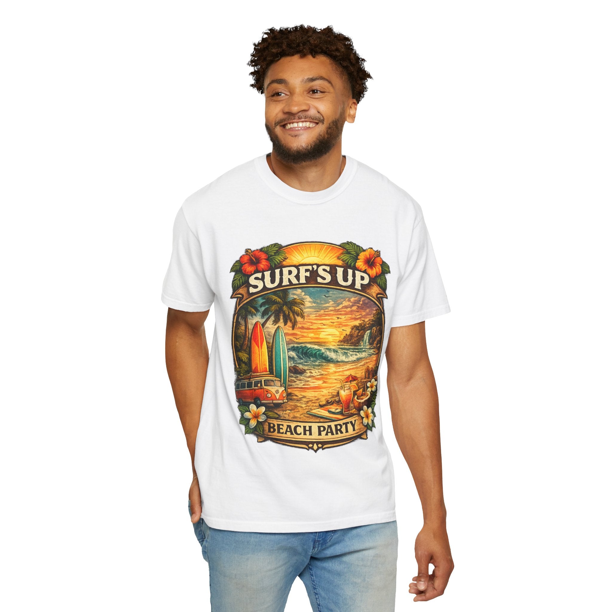 Surf's Up Beach Party T-Shirt — Vintage Sunset Surfboard Graphic
