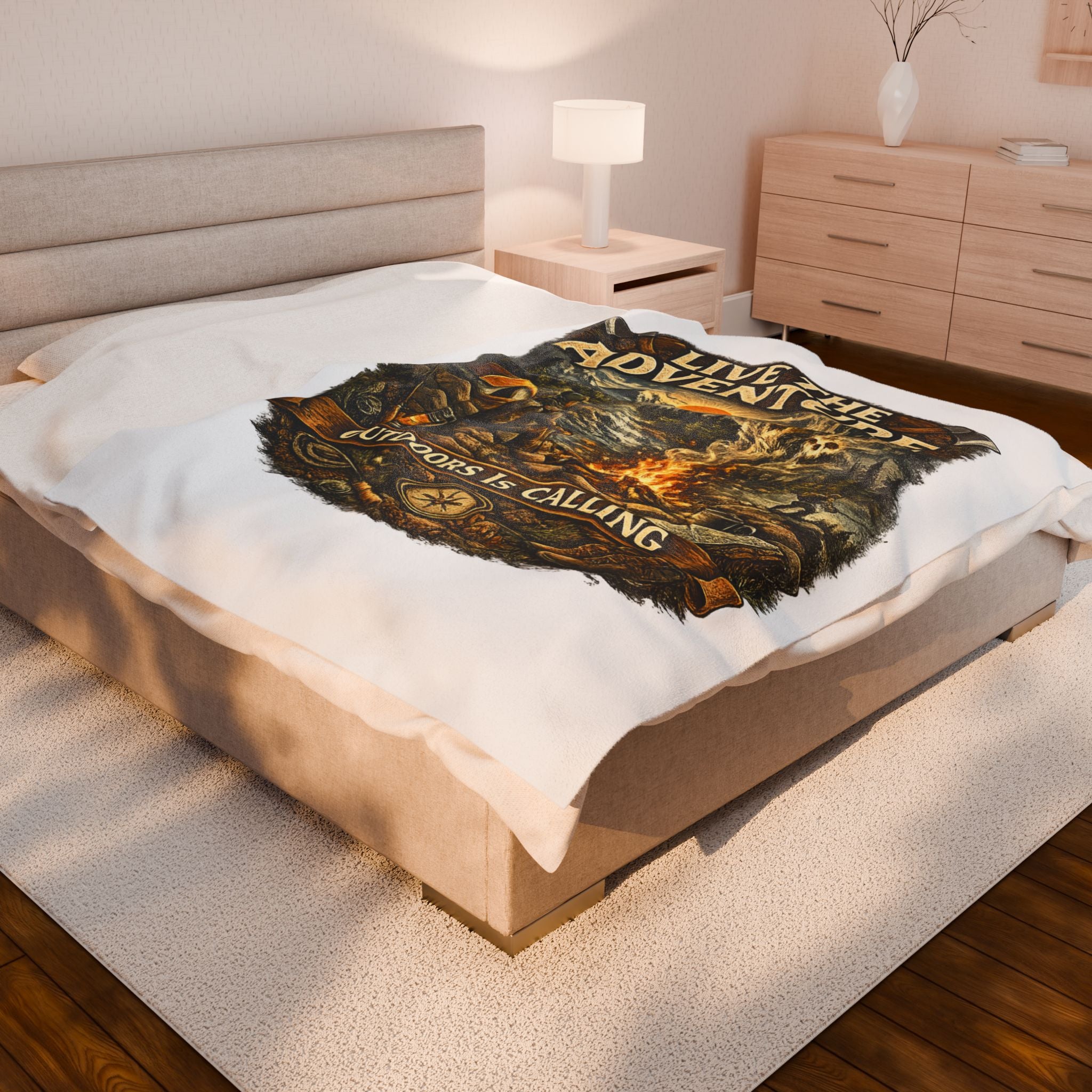 Live the Adventure Velveteen Plush Blanket — ‘Outdoors Is Calling’ Camping Throw
