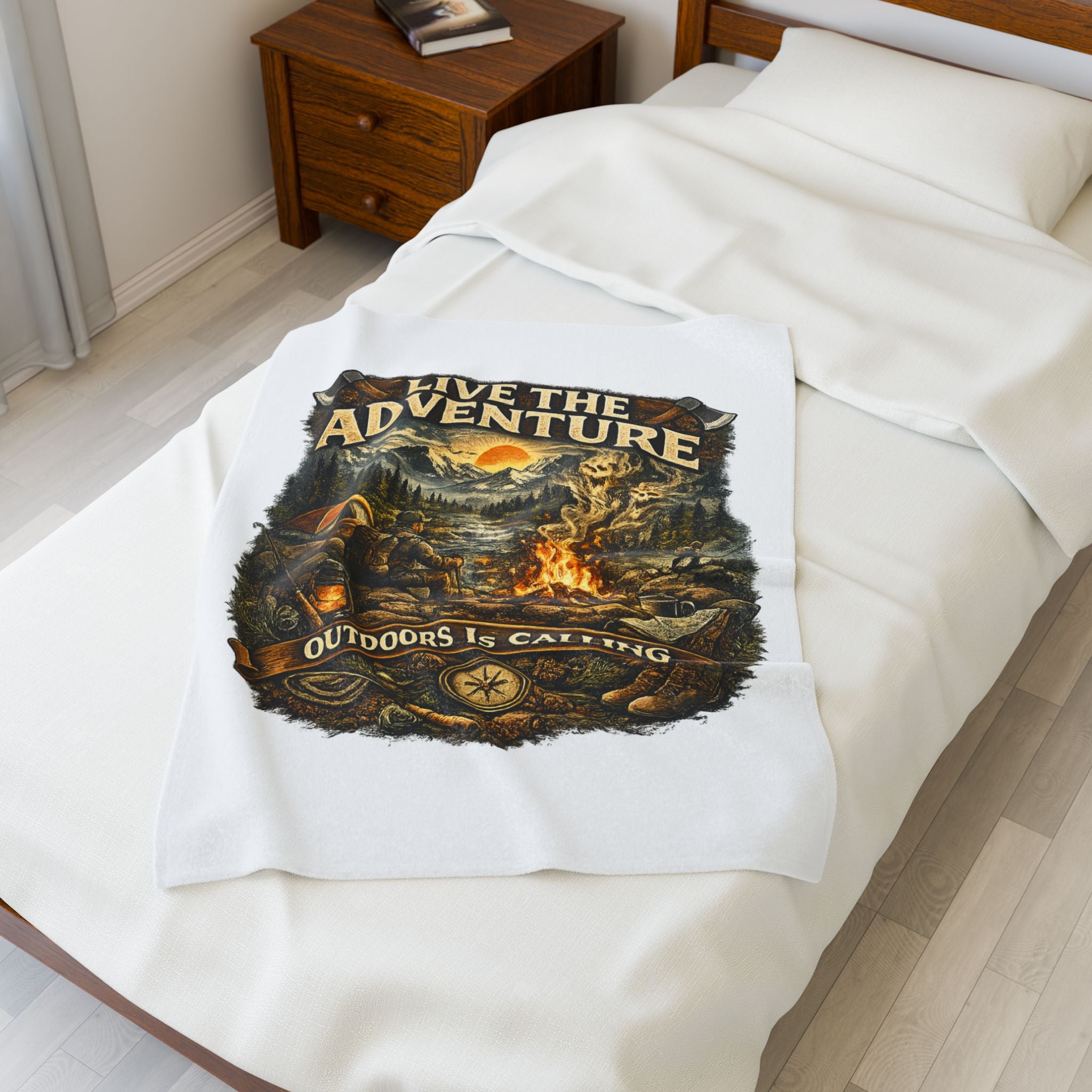 Velveteen Plush Blanket — "Live the Adventure: Outdoors Is Calling" Camping Throw