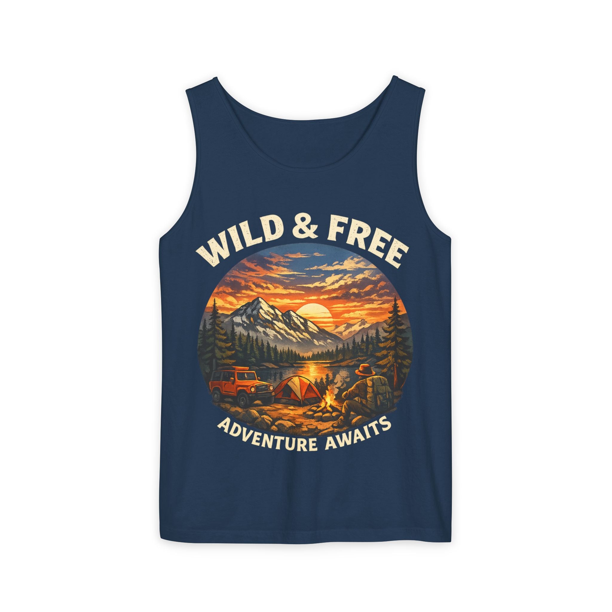 Tank Top — "Wild & Free" Sunset Mountain Camping Graphic