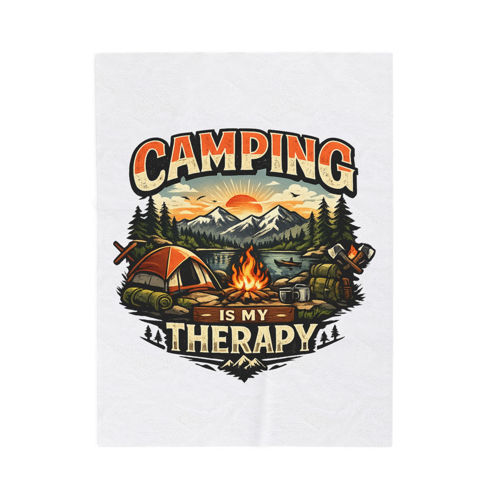 Velveteen Plush Blanket — "Camping Is My Therapy" Cozy Outdoor Camping Throw