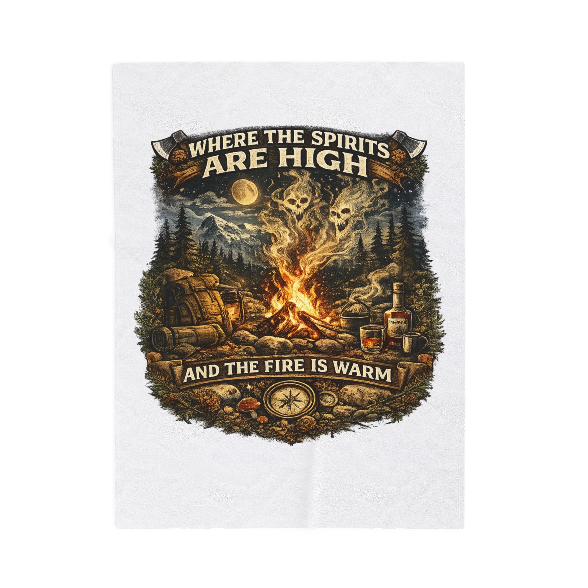 Velveteen Plush Blanket — "Where the Spirits Are High and the Fire Is Warm" Campfire Graphic Throw