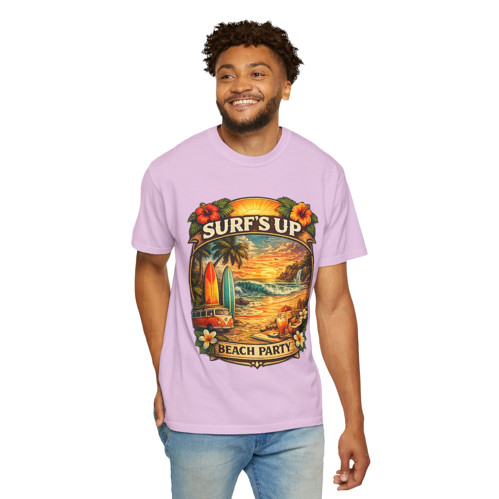 Surf's Up Beach Party T-Shirt — Vintage Sunset Surfboard Graphic