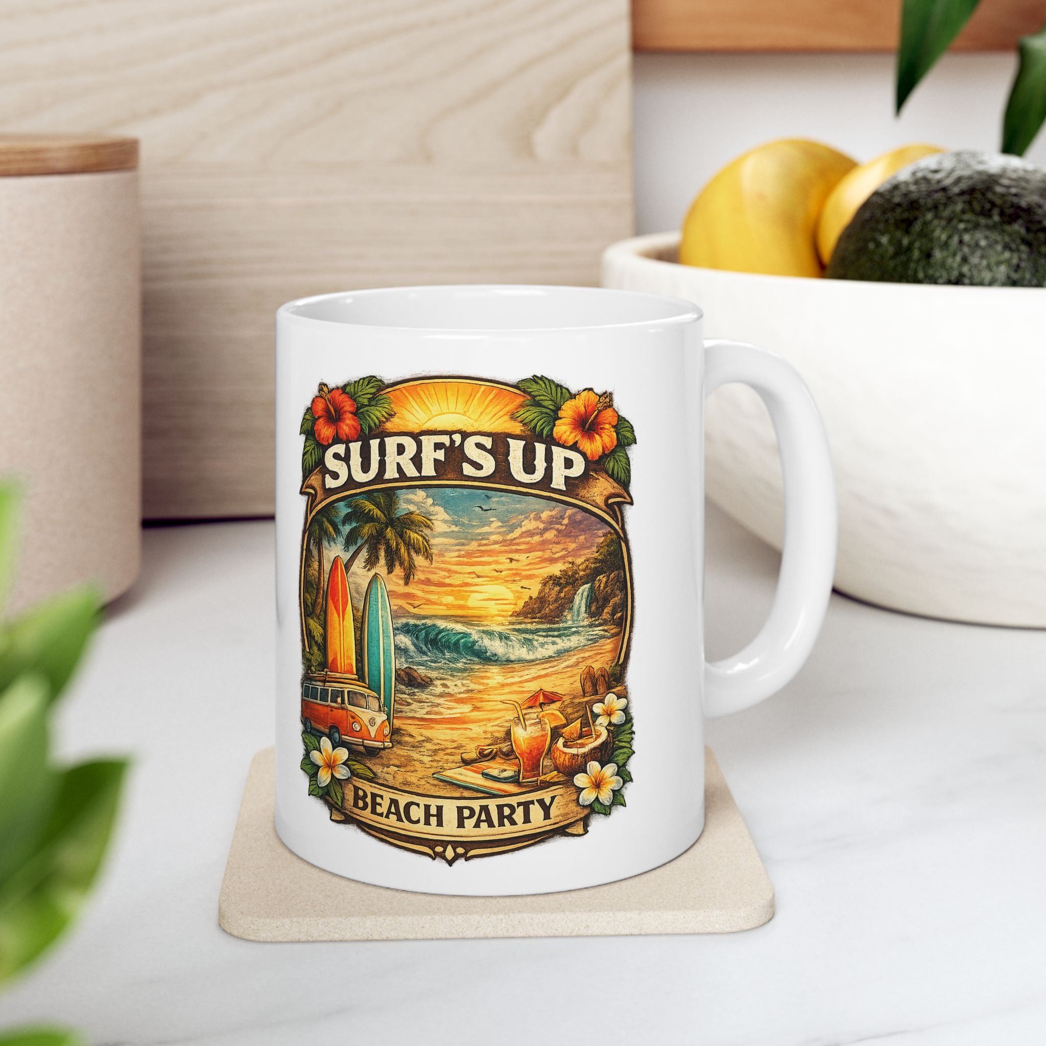 Surf Vintage Beach Ceramic Mug (11oz, 15oz) - Retro Surfboard & Sunset Coffee Cup