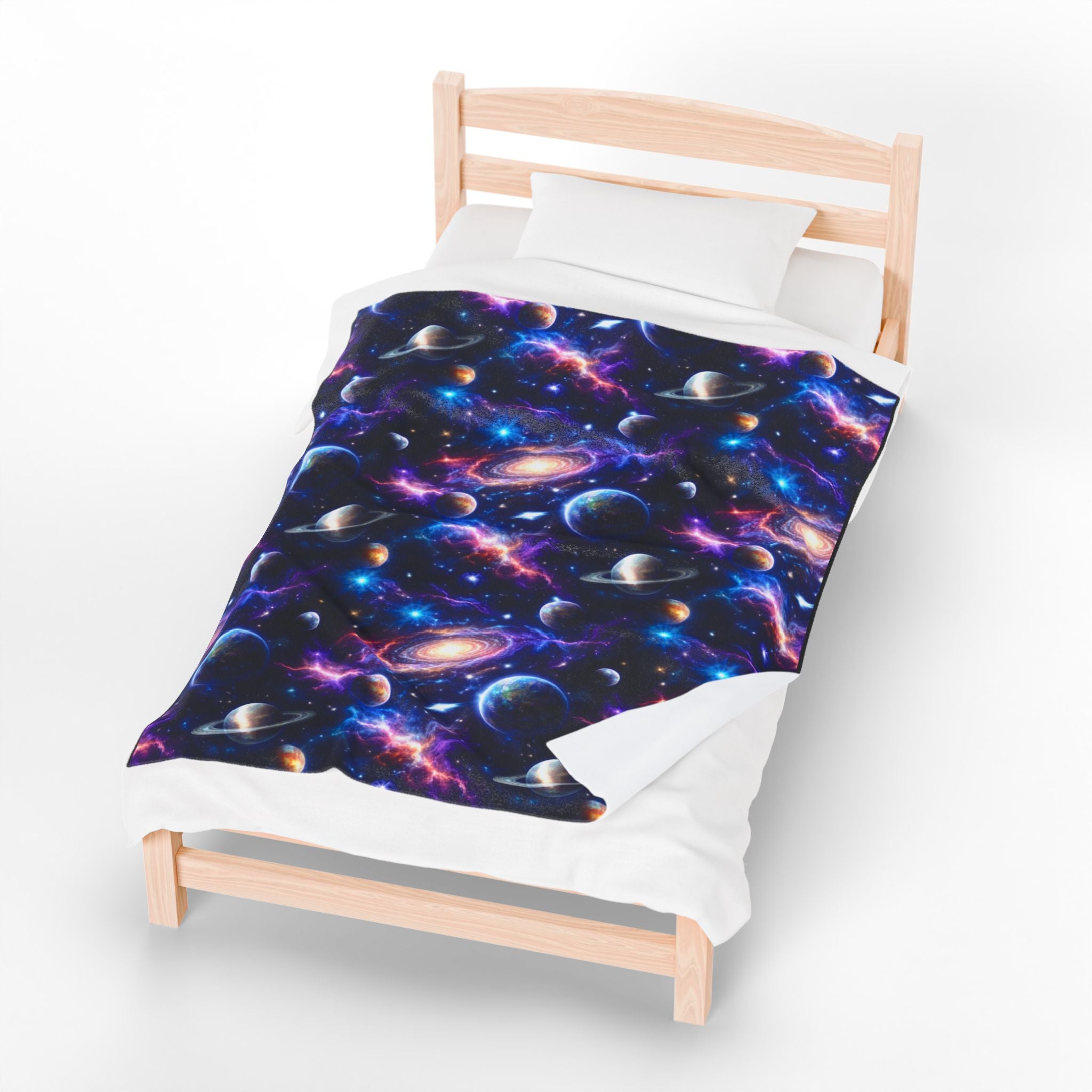 Galaxy Velveteen Plush Blanket - Cosmic Planets & Nebula Throw