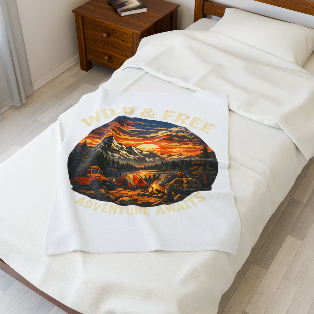 Wild & Free Camping Blanket — Adventure Mountains Velveteen Plush Throw