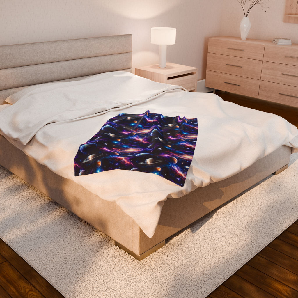Galaxy Velveteen Plush Blanket - Cosmic Planets & Nebula Throw