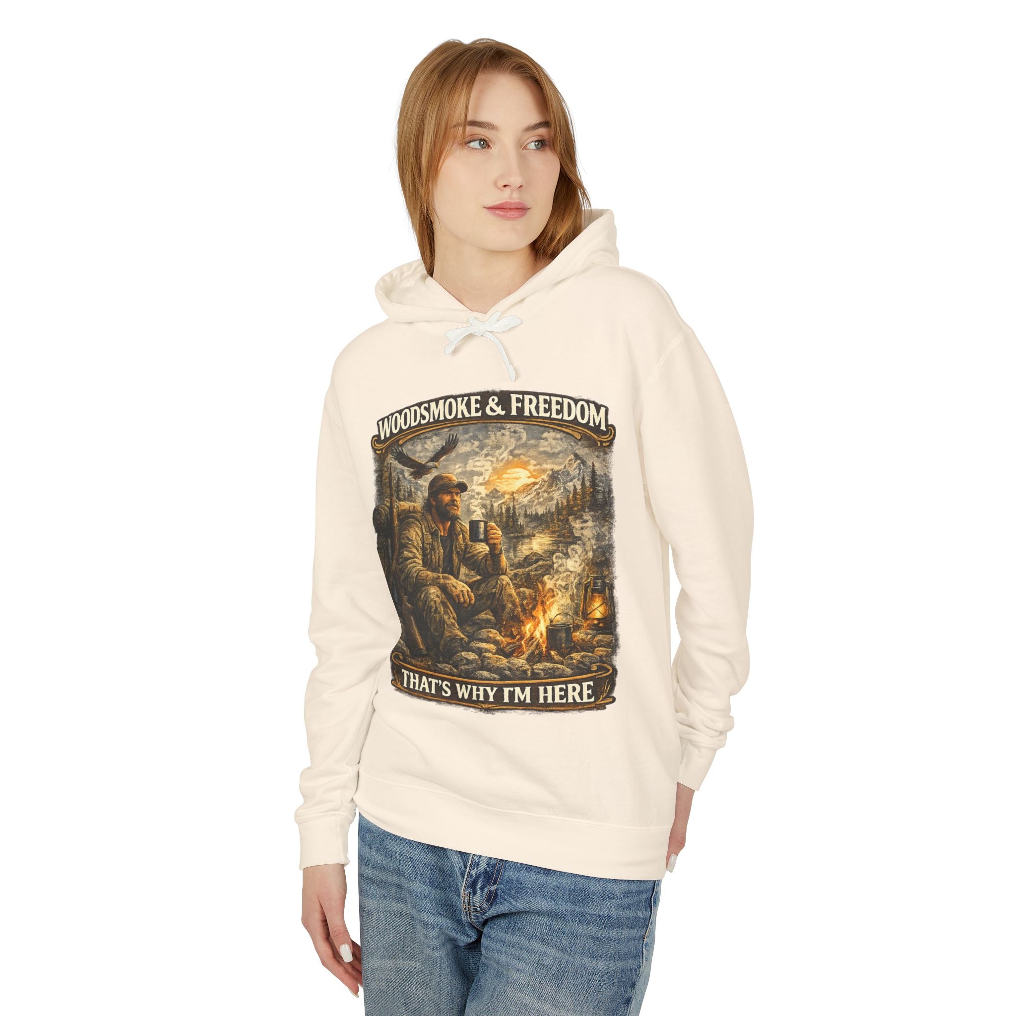 Woodsmoke & Freedom Hoodie — Campfire Hunting Graphic Hooded Sweatshirt