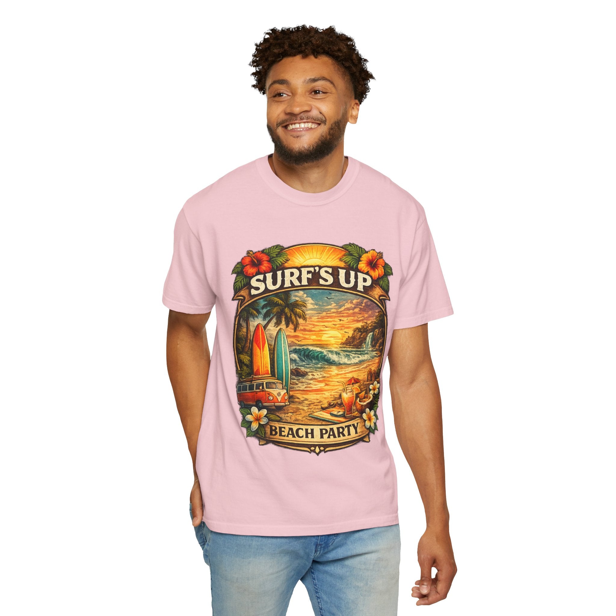 Surf's Up Beach Party T-Shirt — Vintage Sunset Surfboard Graphic