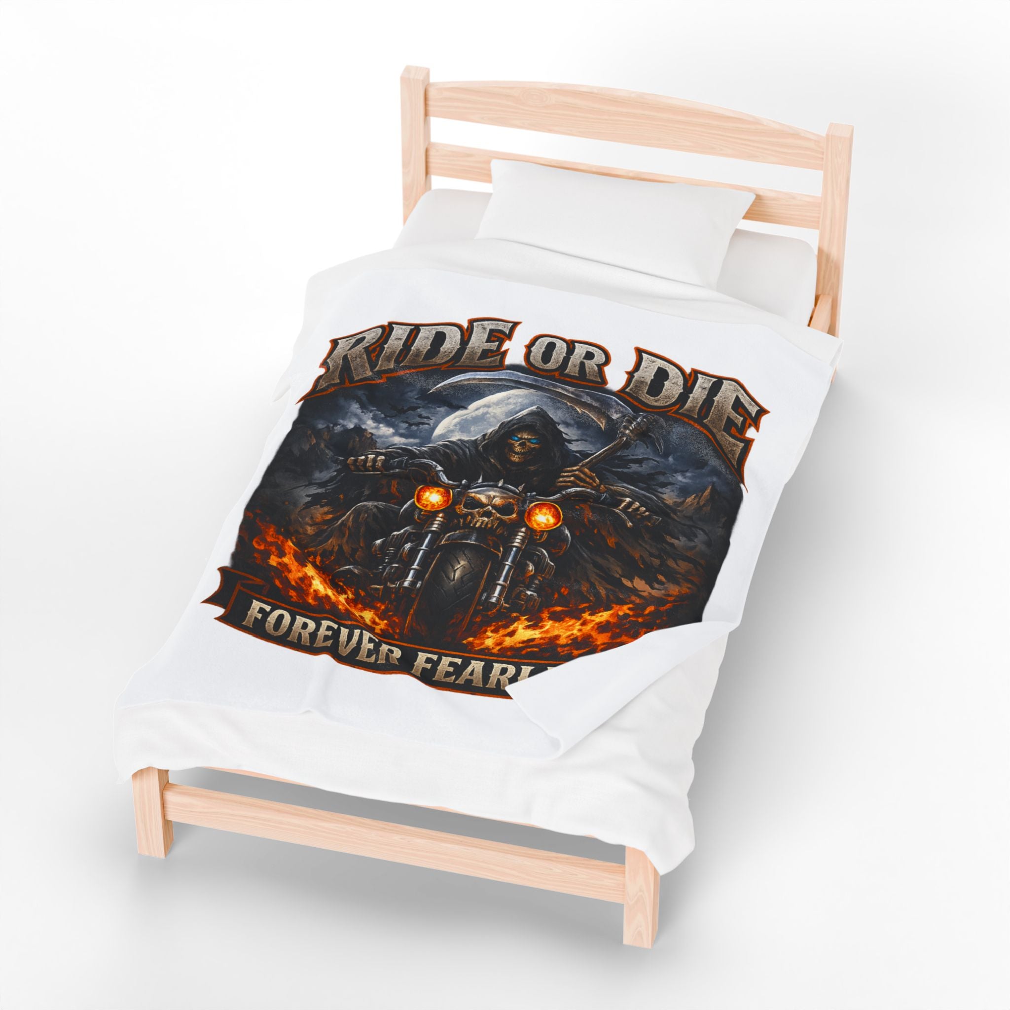 Ride or Die "Forever Fearless" Velveteen Plush Blanket — Biker Grim Reaper Motorcycle Throw