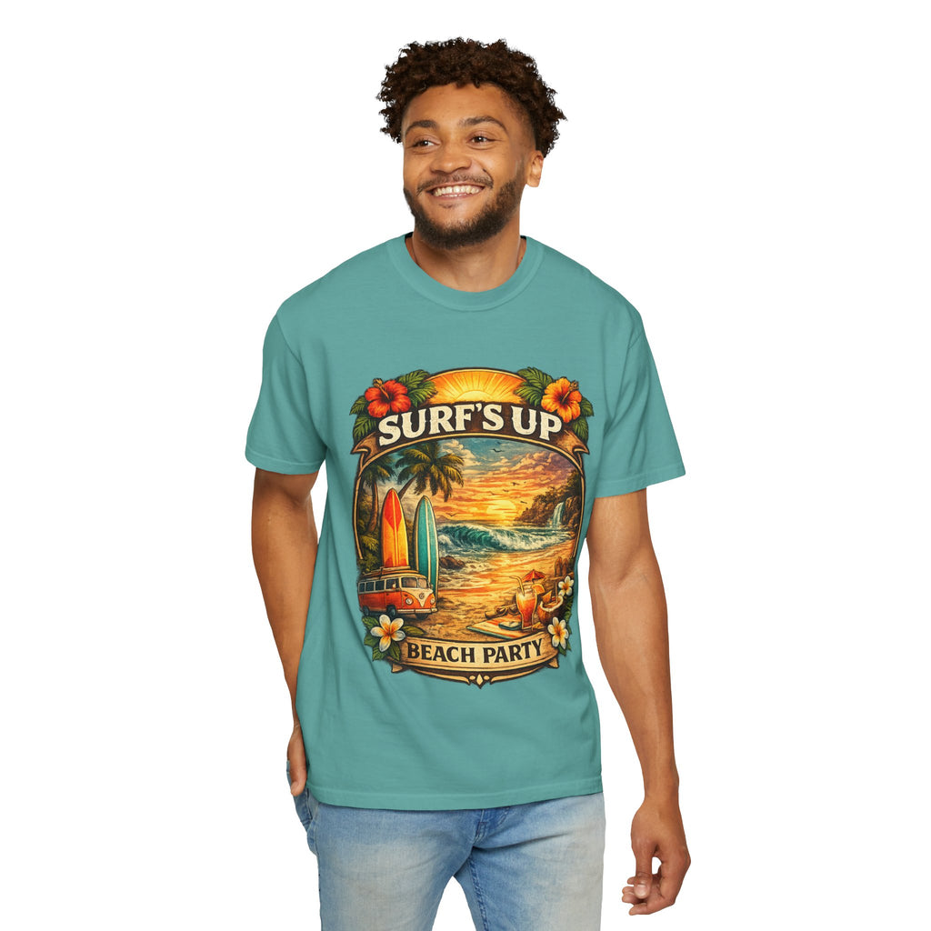 Surf's Up Beach Party T-Shirt — Vintage Sunset Surfboard Graphic
