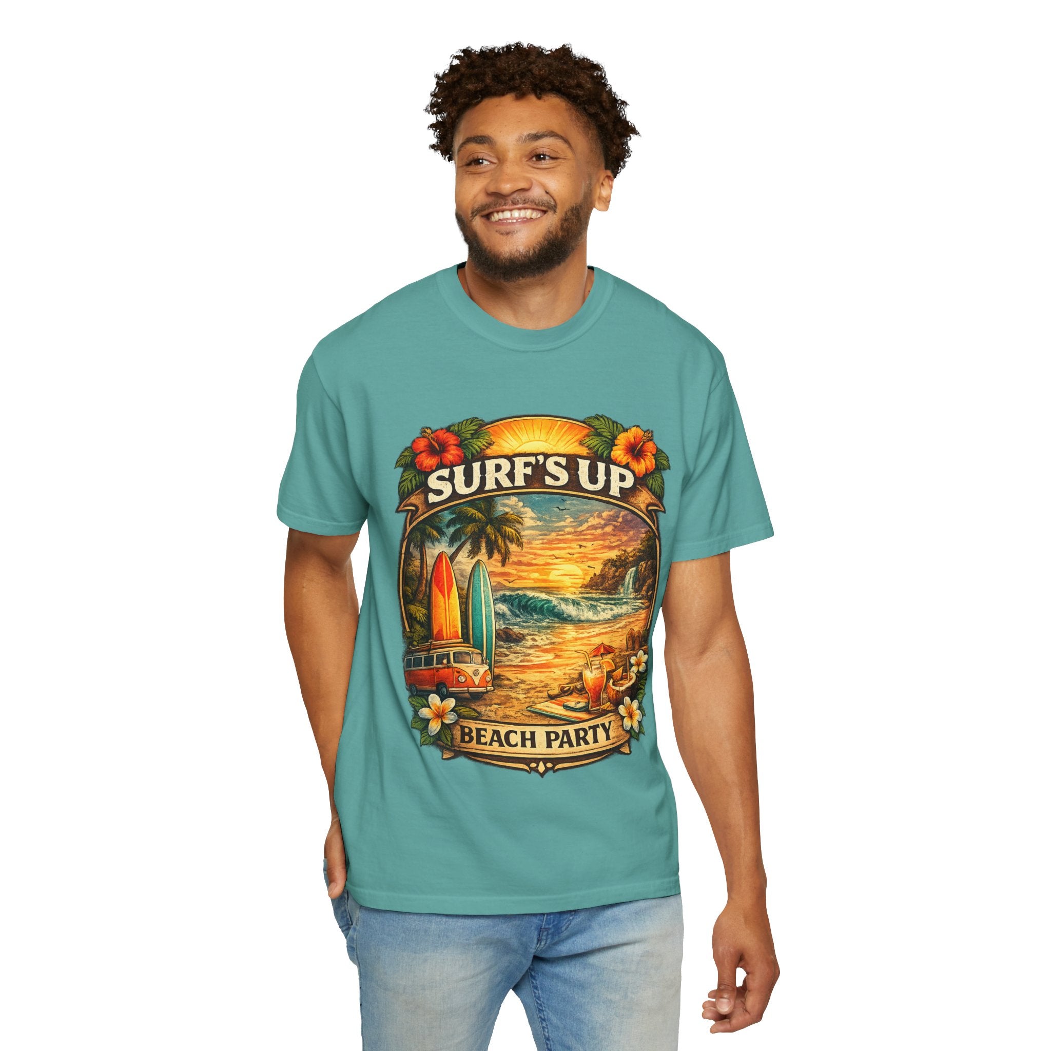 Surf's Up Beach Party T-Shirt — Vintage Sunset Surfboard Graphic