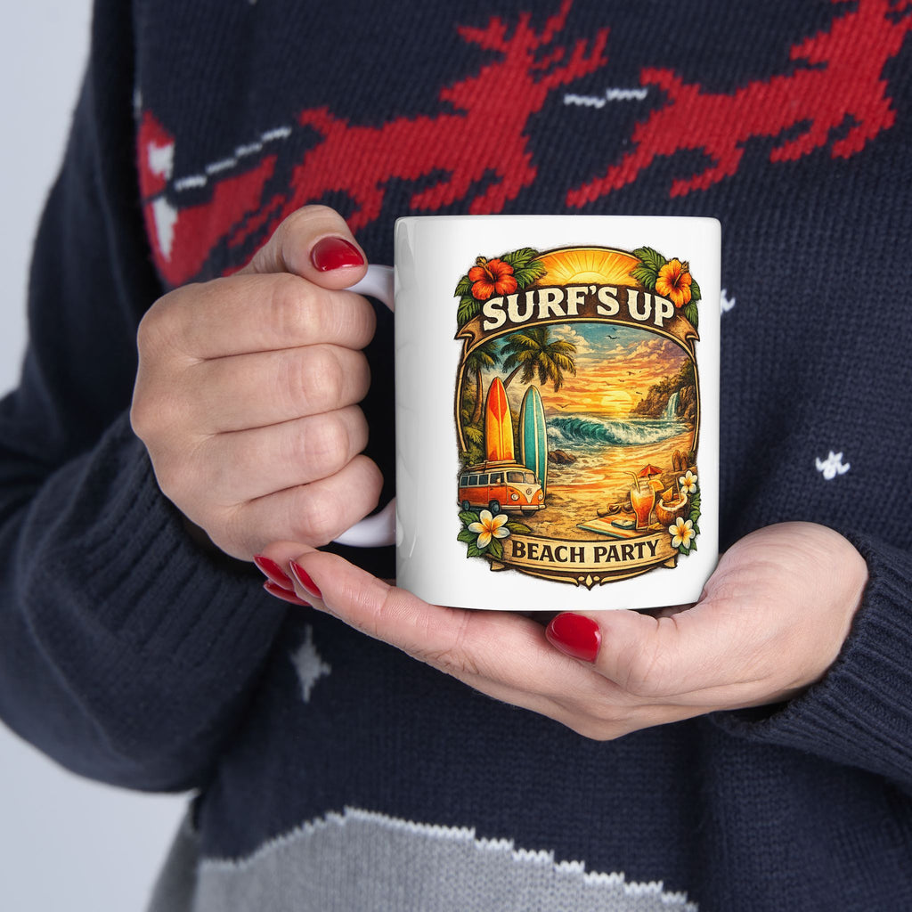 Surf Vintage Beach Ceramic Mug (11oz, 15oz) - Retro Surfboard & Sunset Coffee Cup