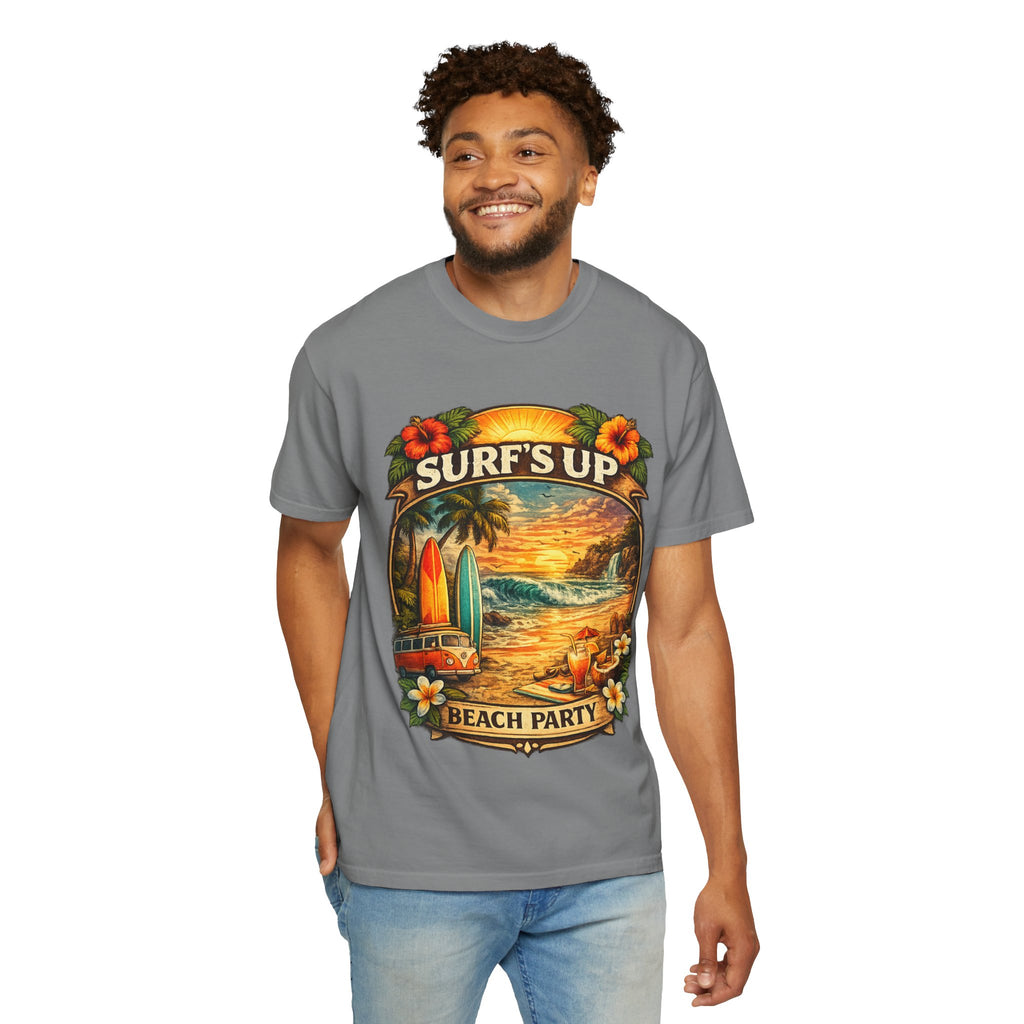 Surf's Up Beach Party T-Shirt — Vintage Sunset Surfboard Graphic