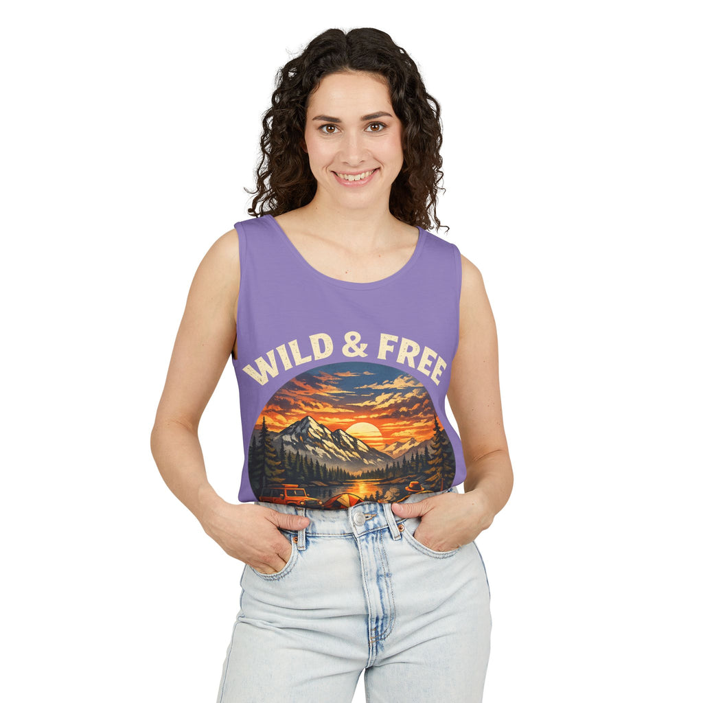 Tank Top — "Wild & Free" Sunset Mountain Camping Graphic