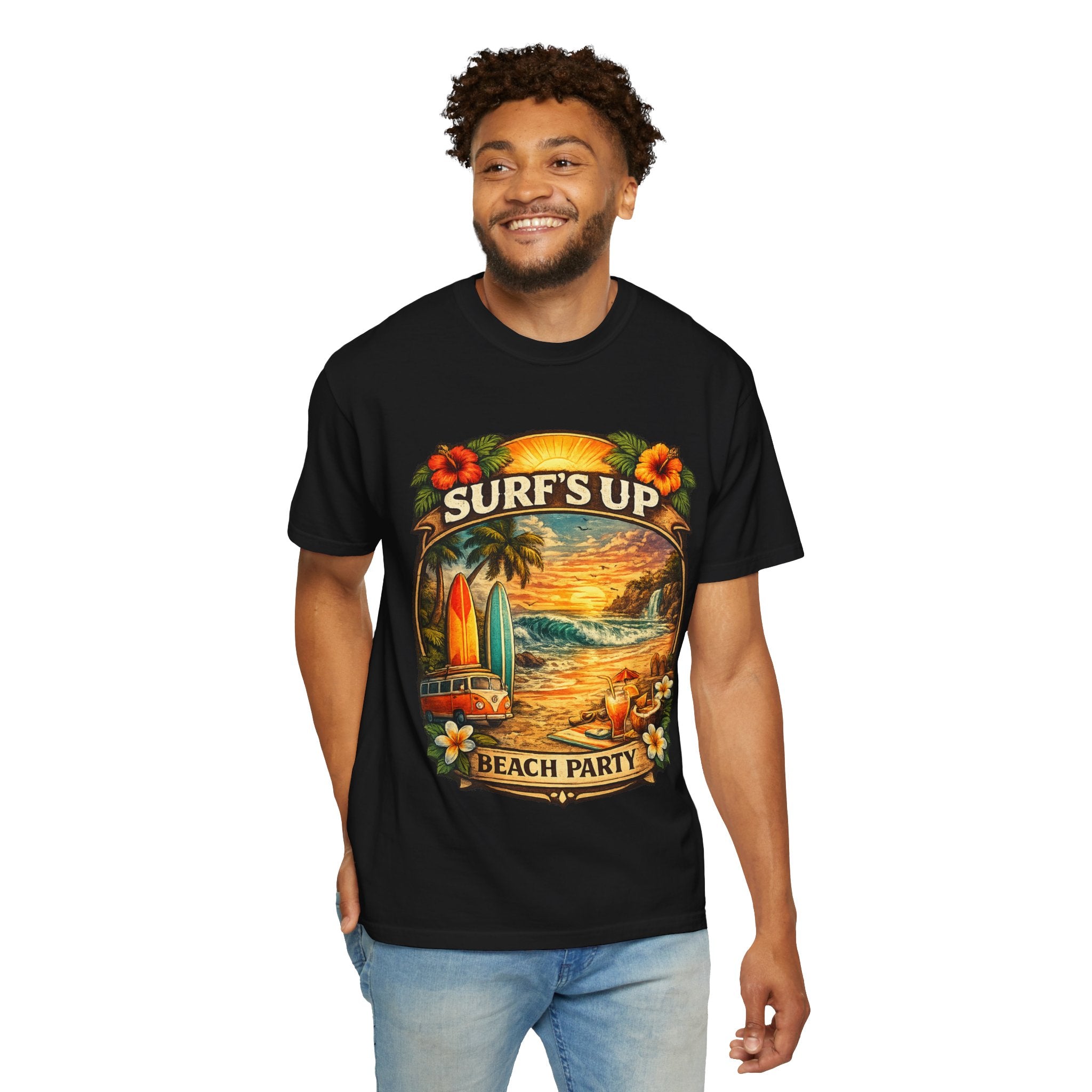 Surf's Up Beach Party T-Shirt — Vintage Sunset Surfboard Graphic