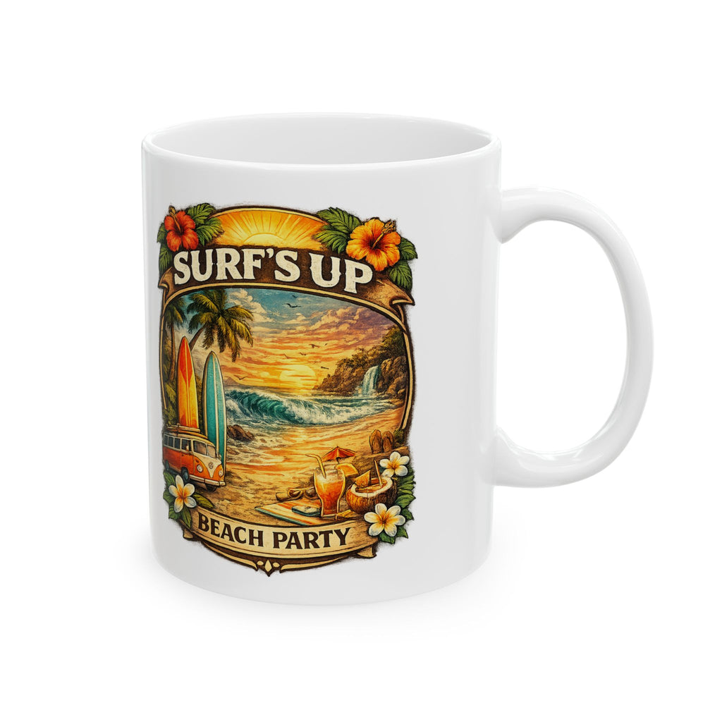 Surf Vintage Beach Ceramic Mug (11oz, 15oz) - Retro Surfboard & Sunset Coffee Cup