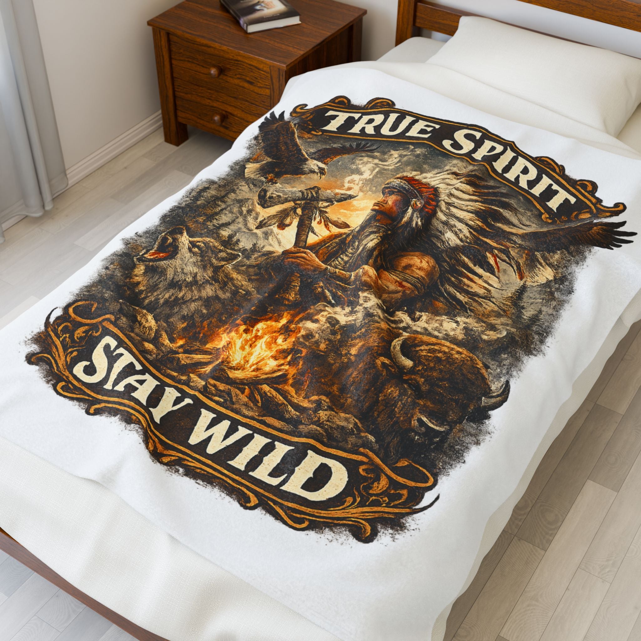 Velveteen Blanket — "True Spirit Stay Wild" Native Warrior Campfire Design