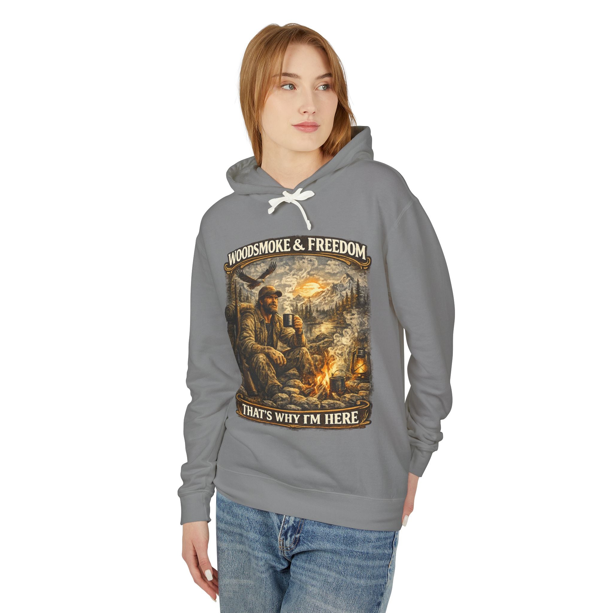 Woodsmoke & Freedom Hoodie — Campfire Hunting Graphic Hooded Sweatshirt