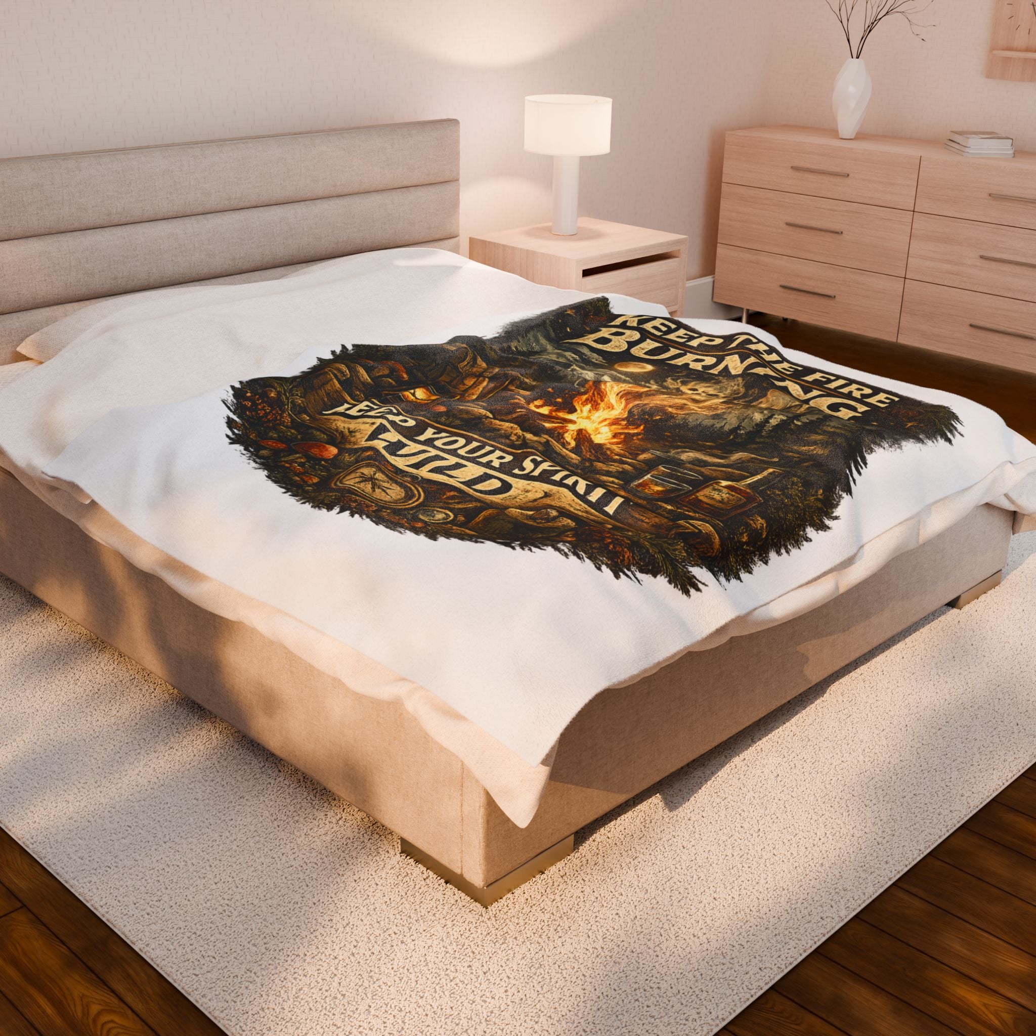 Camping Velveteen Plush Blanket — "Keep the Fire Burning, Keep Your Spirit Wild" Cozy Outdoor Throw