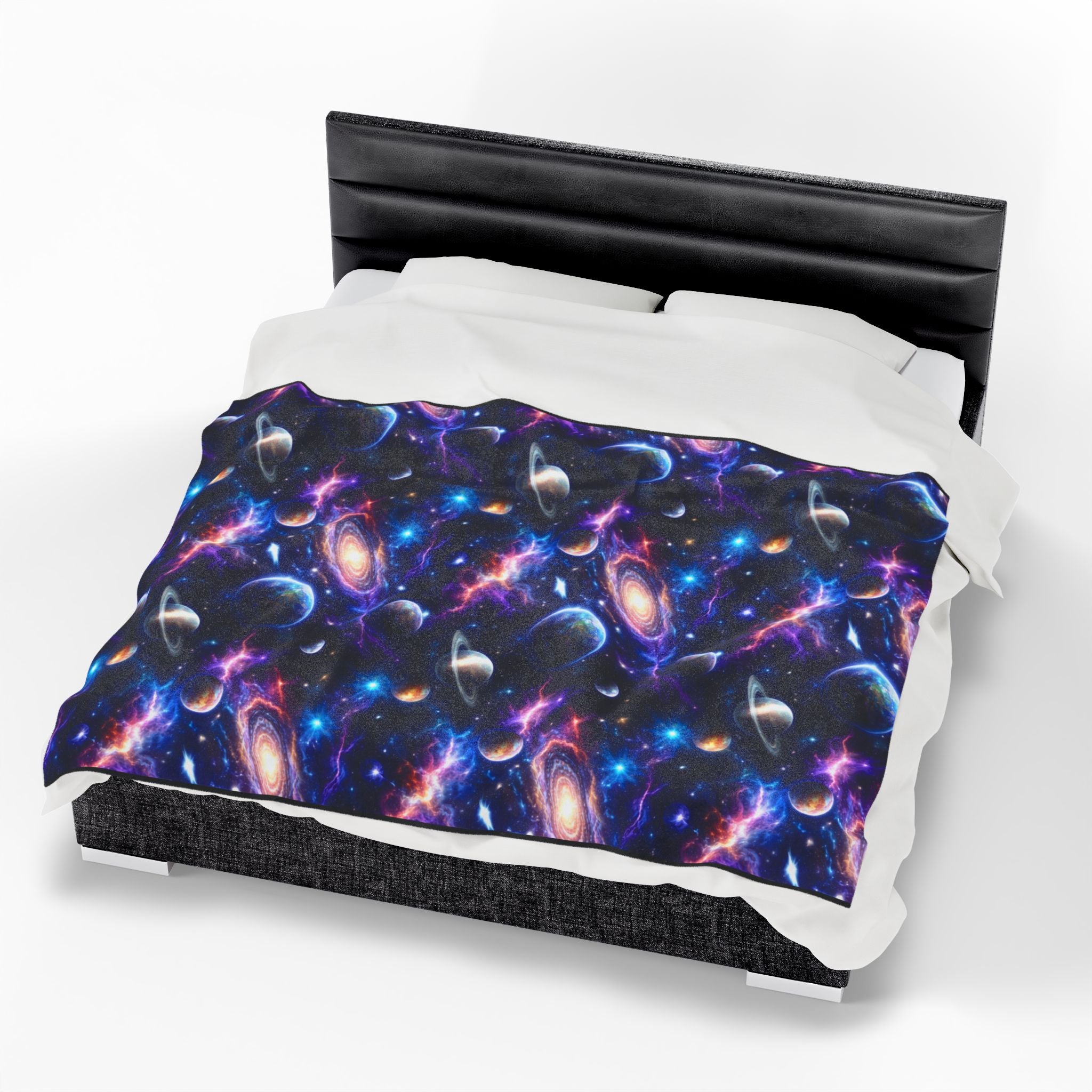 Galaxy Velveteen Plush Blanket - Cosmic Planets & Nebula Throw