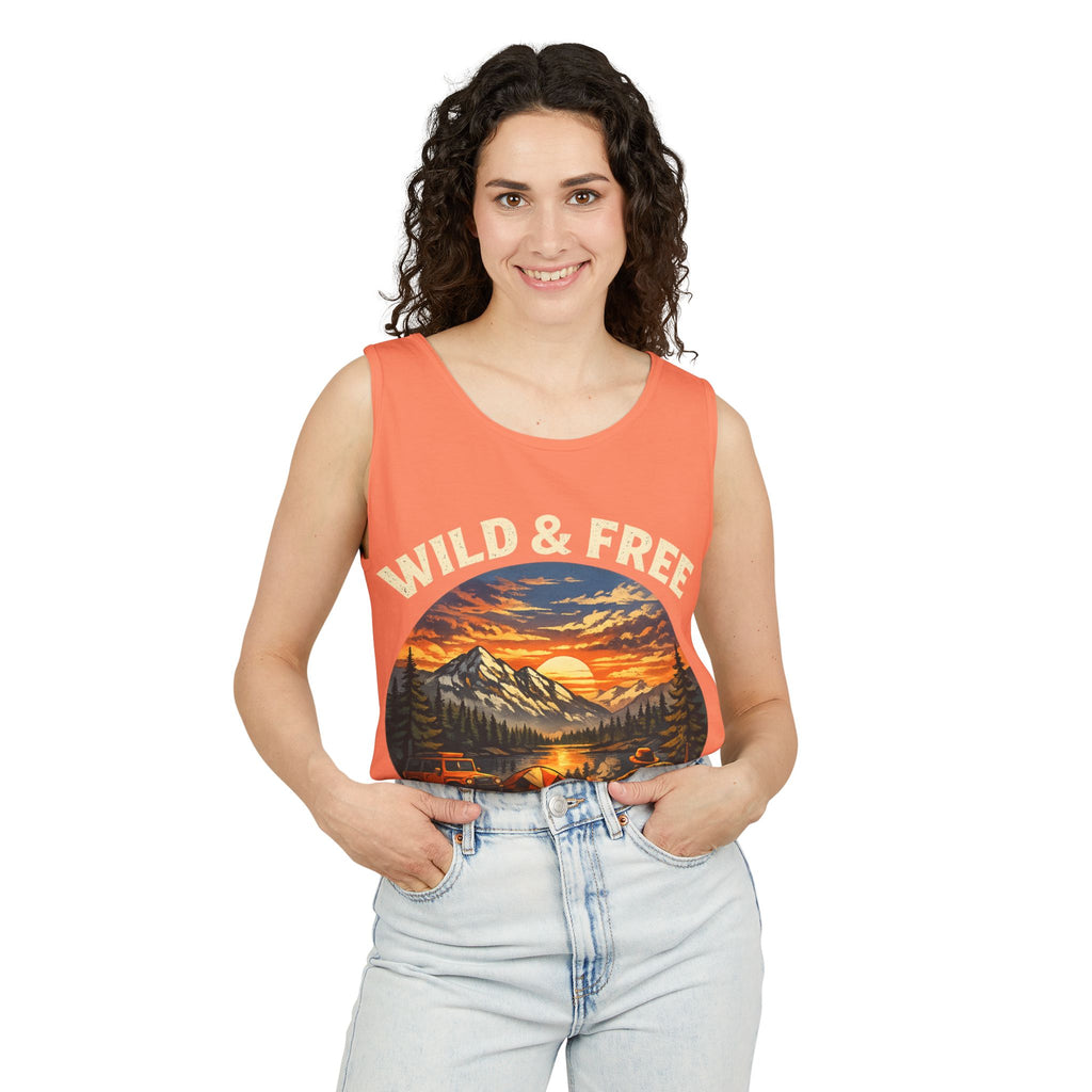Tank Top — "Wild & Free" Sunset Mountain Camping Graphic