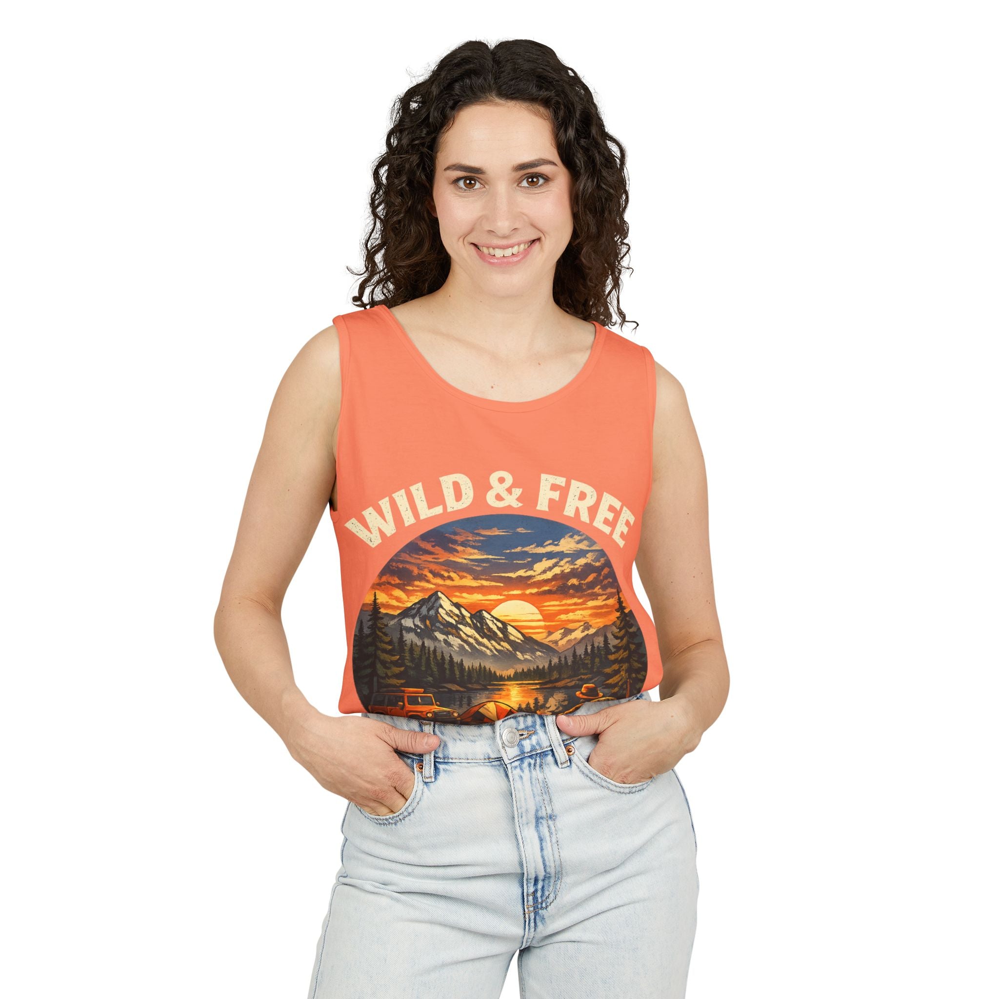 Tank Top — "Wild & Free" Sunset Mountain Camping Graphic