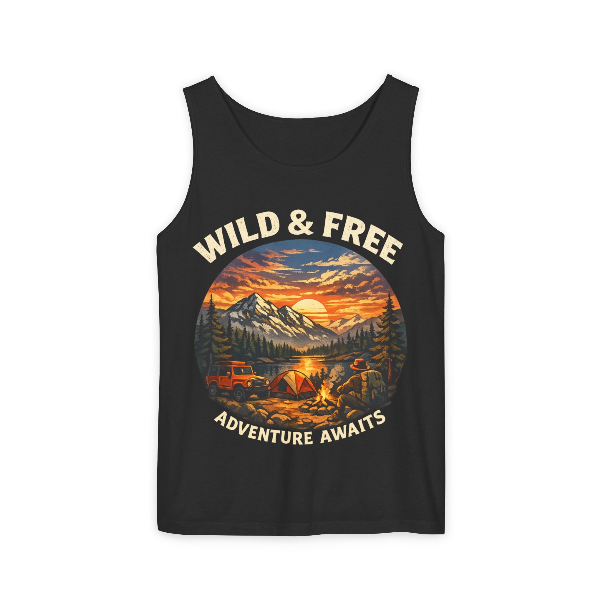 Tank Top — "Wild & Free" Sunset Mountain Camping Graphic
